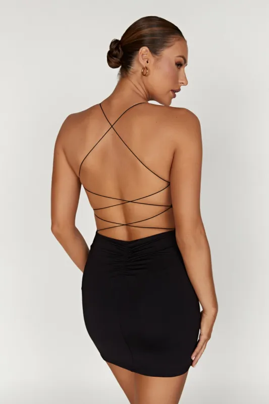 Sabine Recycled Nylon Mini Backless Dress - Black sold by Meshki