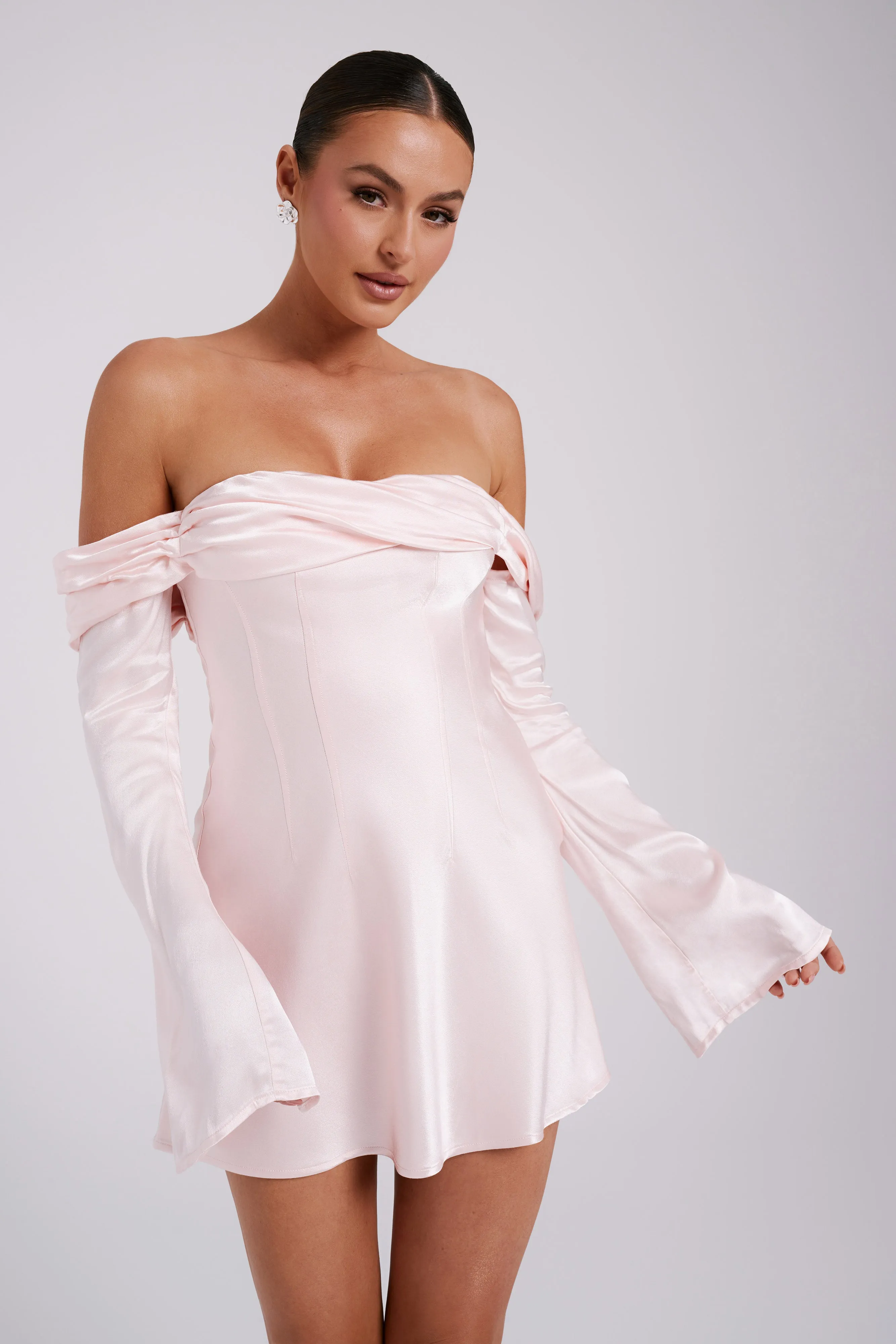 Giselle Off Shoulder Satin Mini Dress - Rosewater sold by Meshki