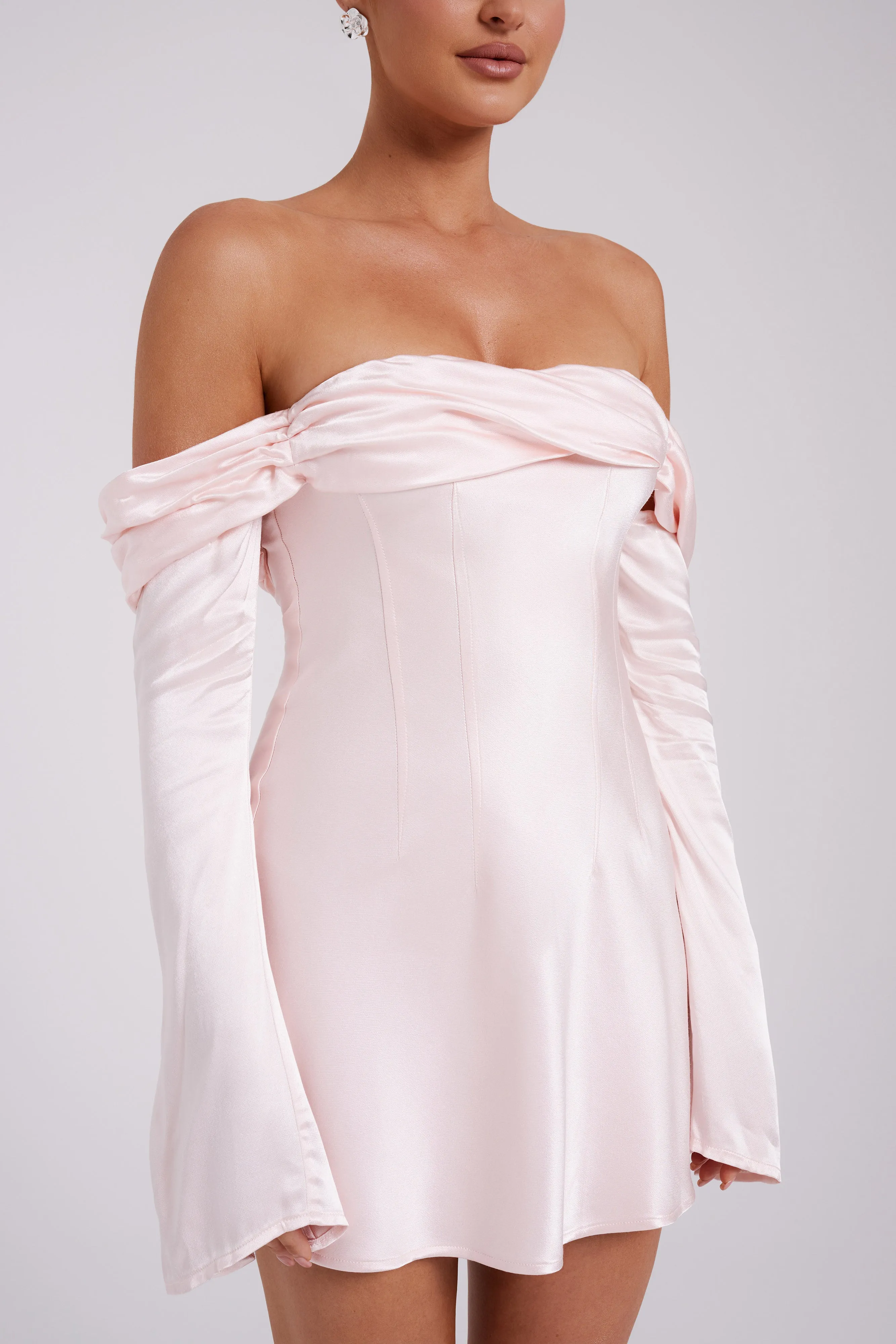 Giselle Off Shoulder Satin Mini Dress - Rosewater sold by Meshki product image thumbnail 2