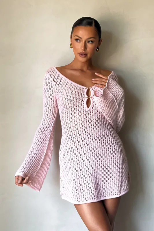 Kayleigh Crochet Knit Mini Dress - Rosewater sold by Meshki