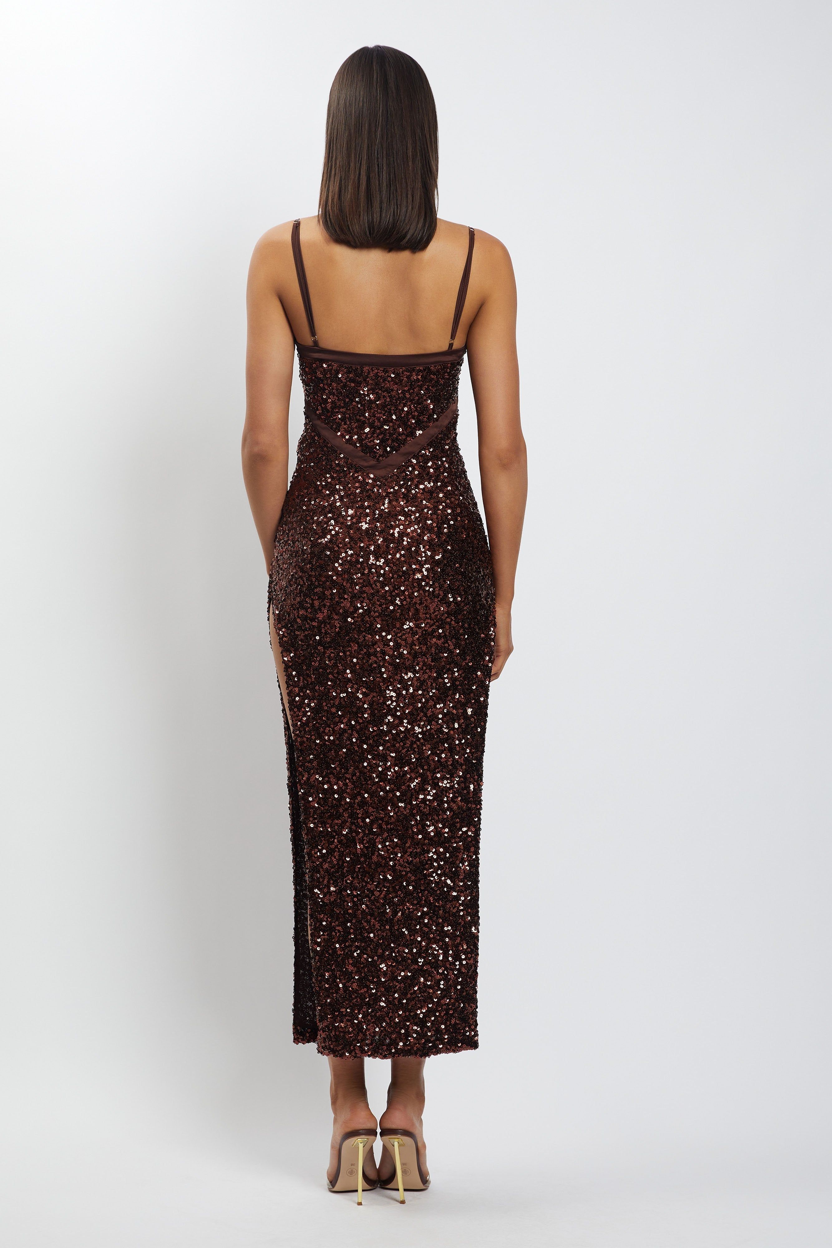 Amirah Mesh Cut Out Sequin Maxi Dress - Chocolate sold by Meshki product image thumbnail 10