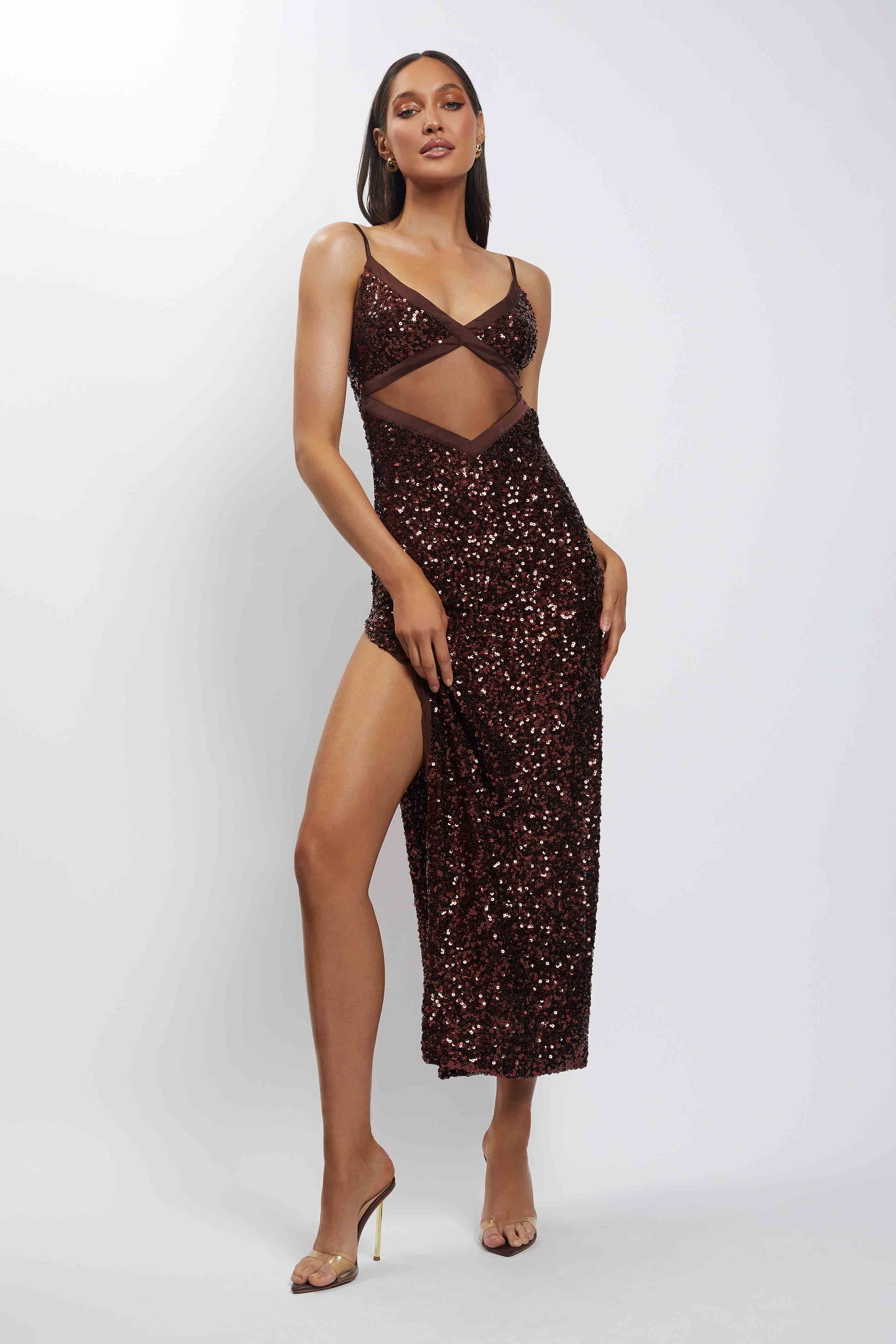 Amirah Mesh Cut Out Sequin Maxi Dress - Chocolate sold by Meshki product image thumbnail 6