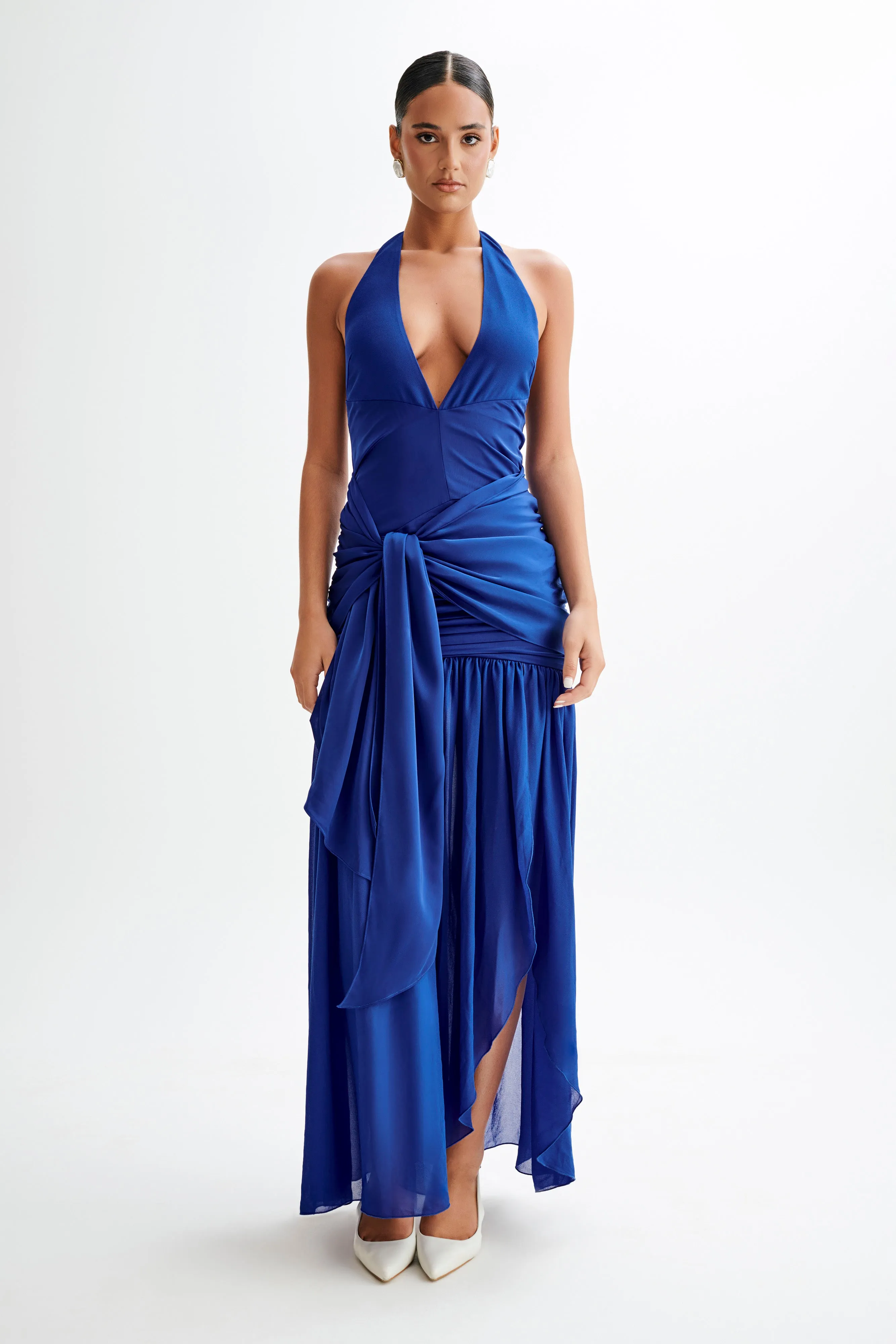 Graziana Satin Chiffon Plunge Maxi Dress - Cobalt Blue sold by Meshki product image thumbnail 4