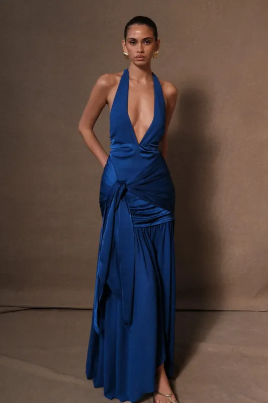 Graziana Satin Chiffon Plunge Maxi Dress - Cobalt Blue sold by Meshki