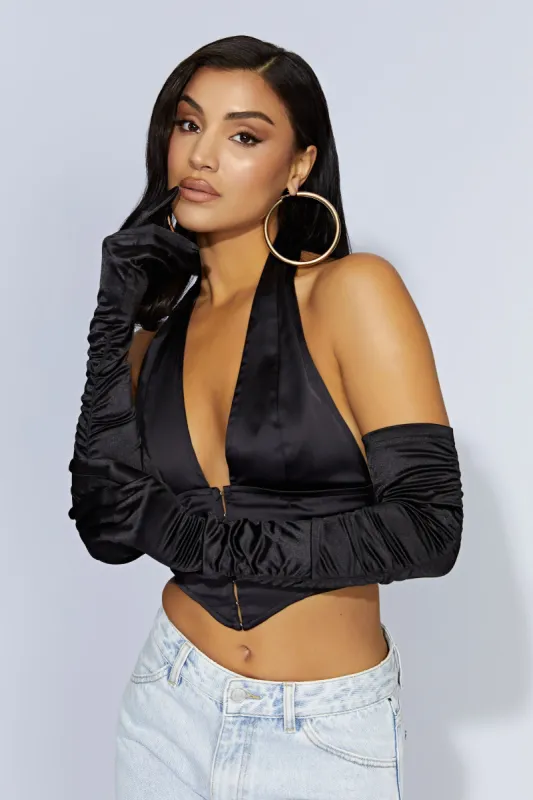 Arielle Ruched Satin Gloves - Black sold by Meshki