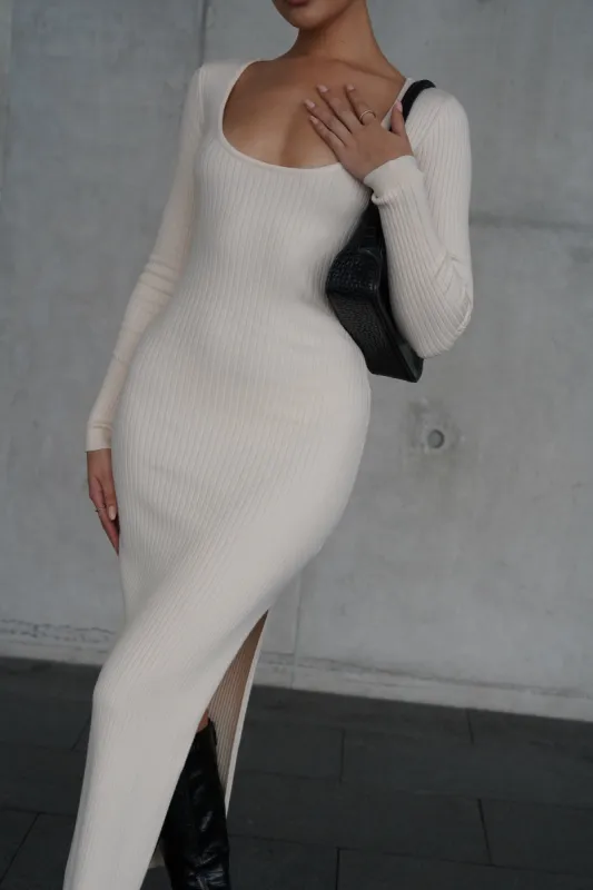 Cali Long Sleeve Knit Midi Dress - Cream sold by Meshki