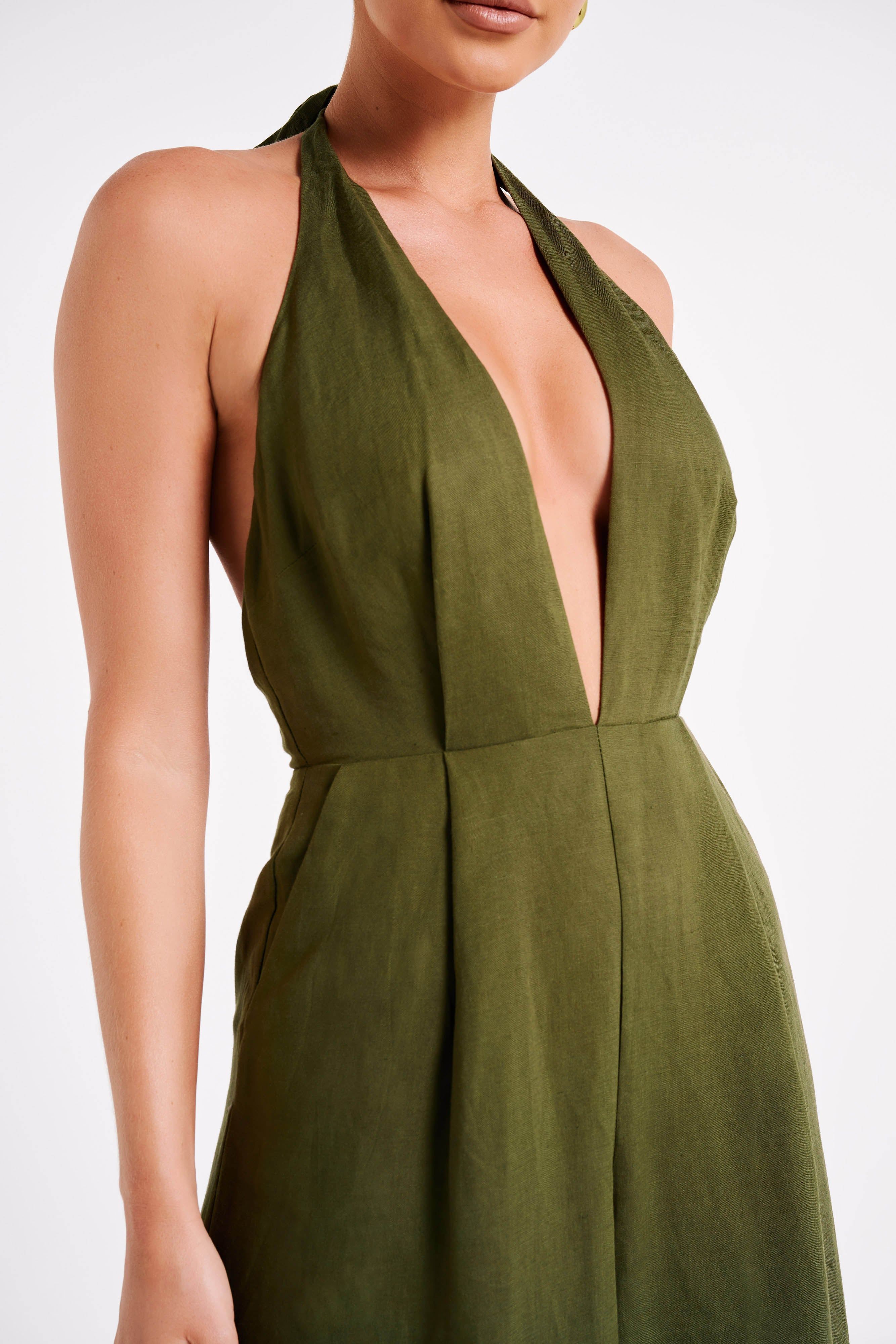 Blanca Linen Halter Jumpsuit - Khaki sold by Meshki product image thumbnail 5