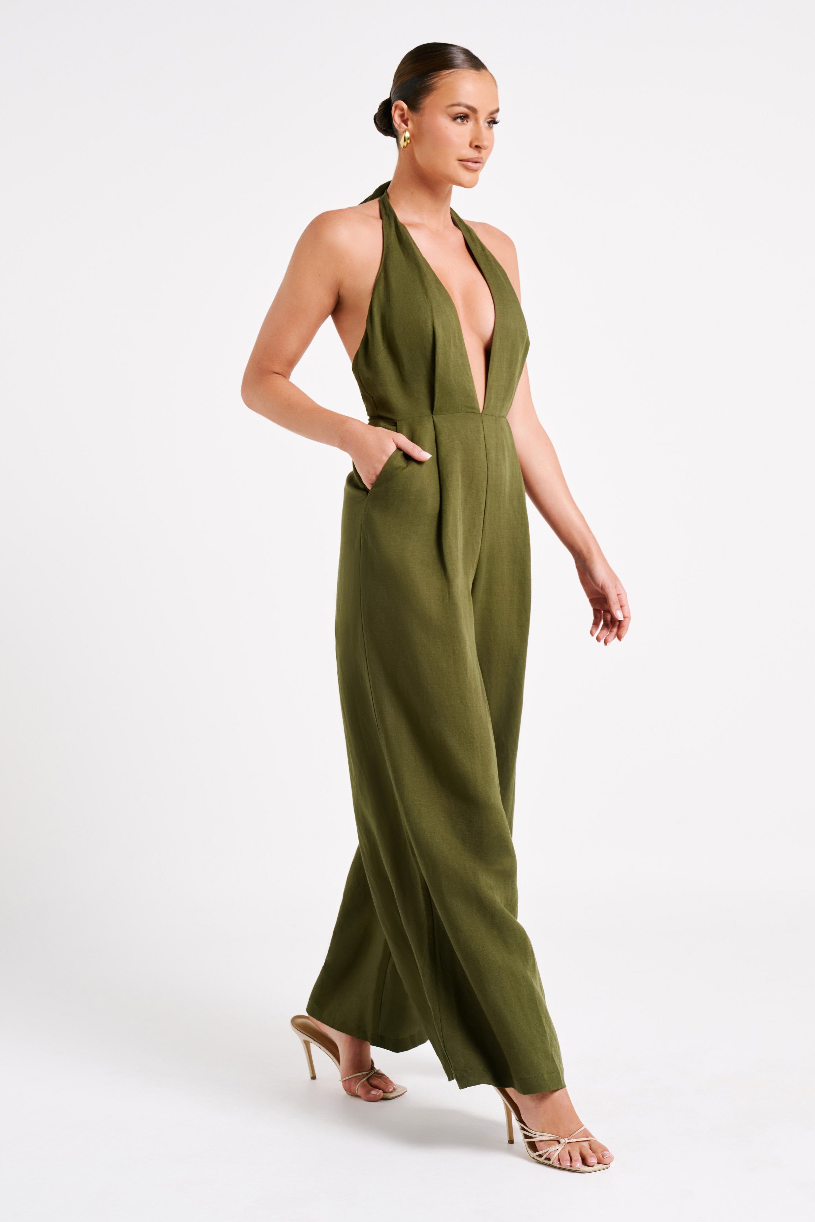 Blanca Linen Halter Jumpsuit - Khaki sold by Meshki product image thumbnail 4