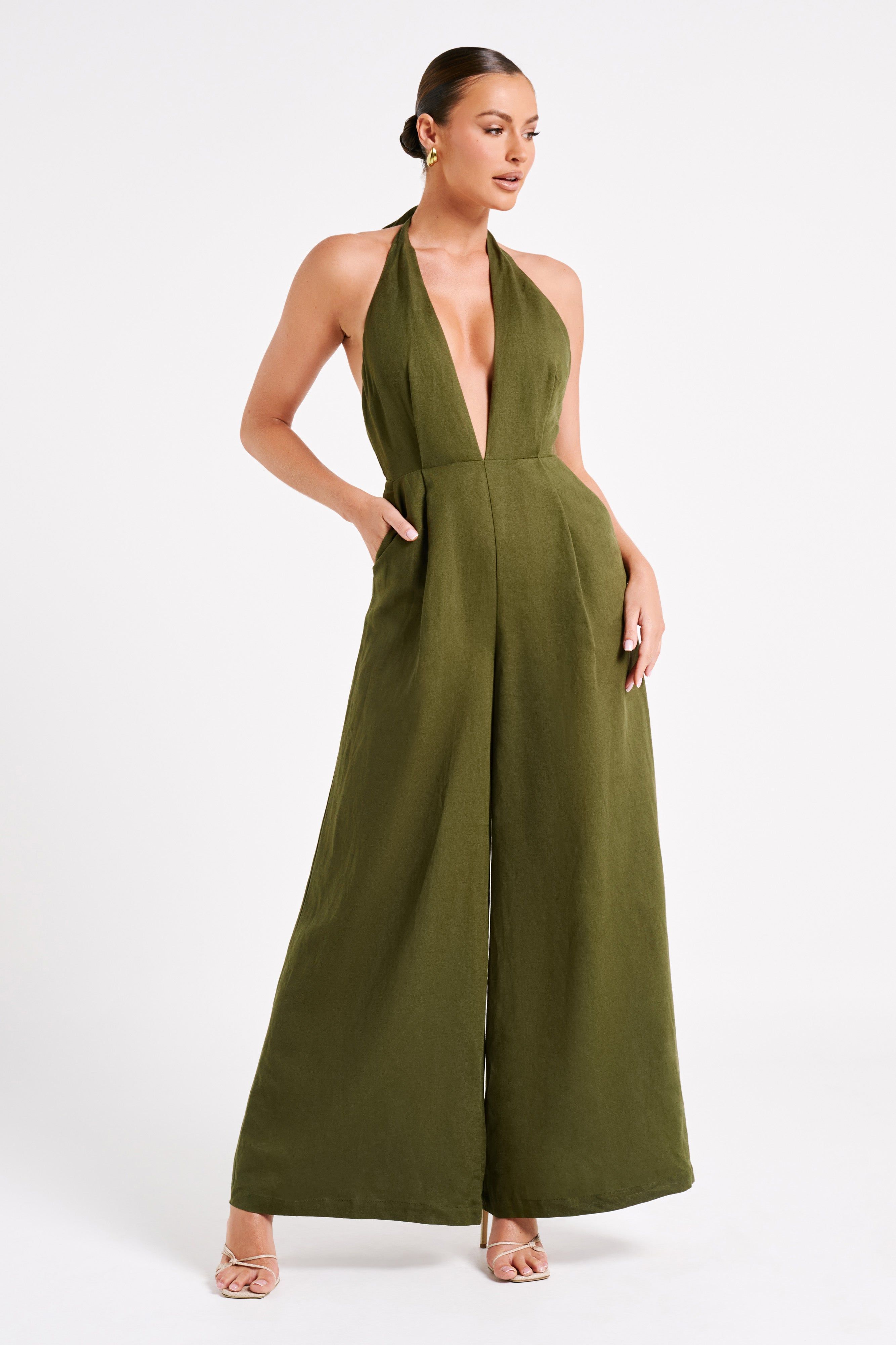 Blanca Linen Halter Jumpsuit - Khaki sold by Meshki