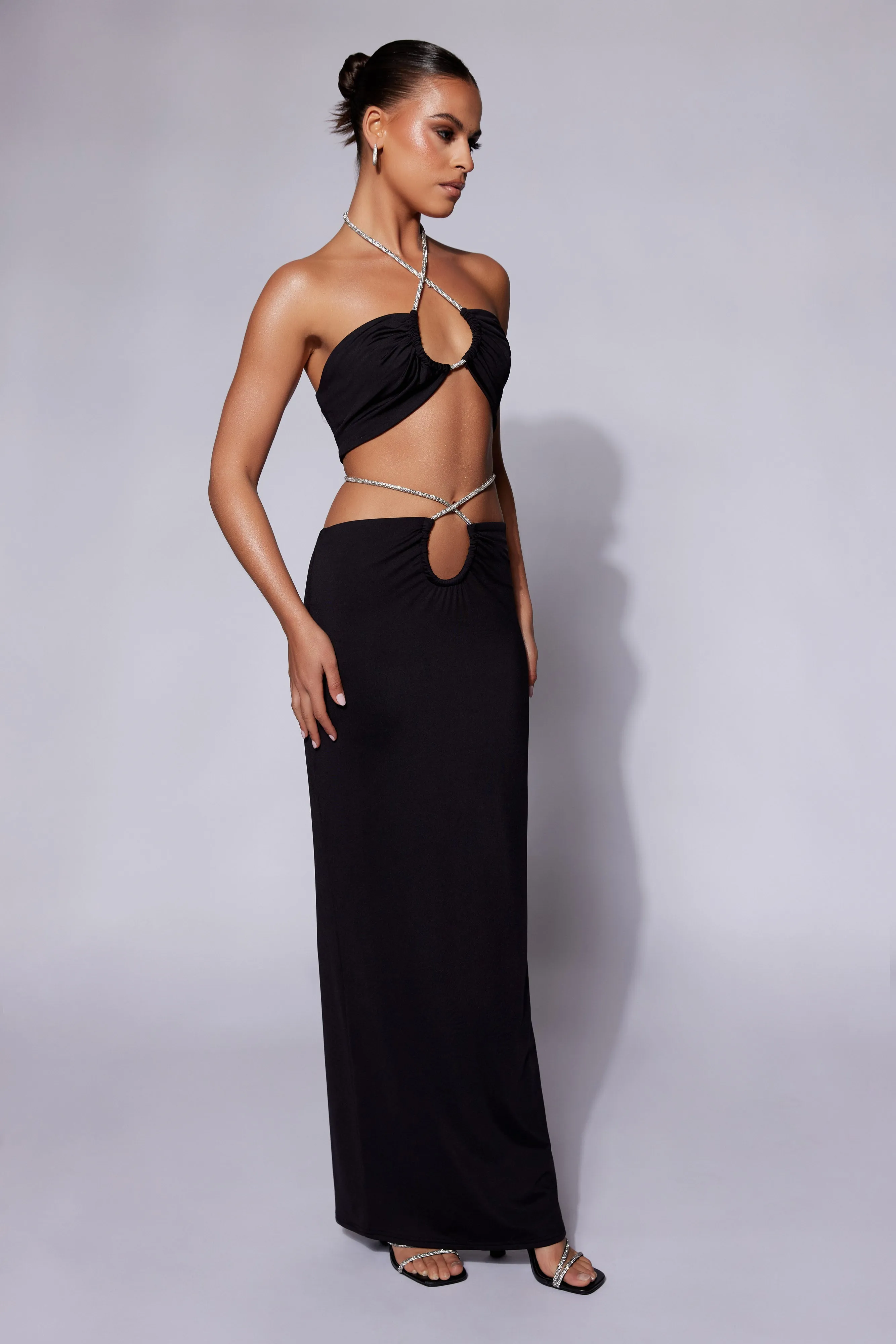 Ruby Diamante Rope Ruched Maxi Skirt - Black sold by Meshki product image thumbnail 3
