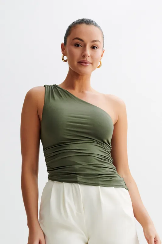 Sarah One Shoulder Modal Asymmetric Top - Military Olive sold by Meshki