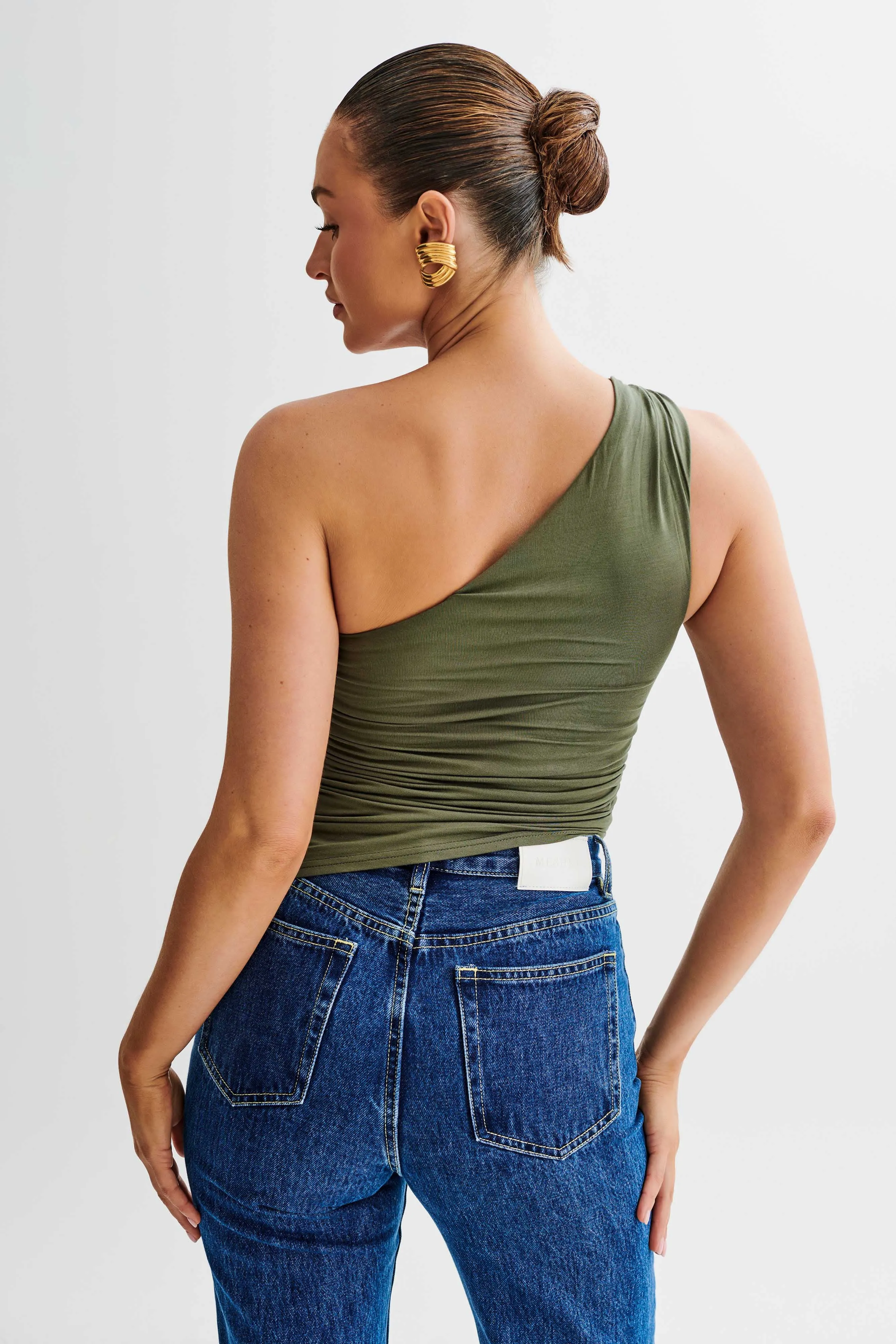 Sarah One Shoulder Modal Asymmetric Top - Military Olive sold by Meshki product image thumbnail 2