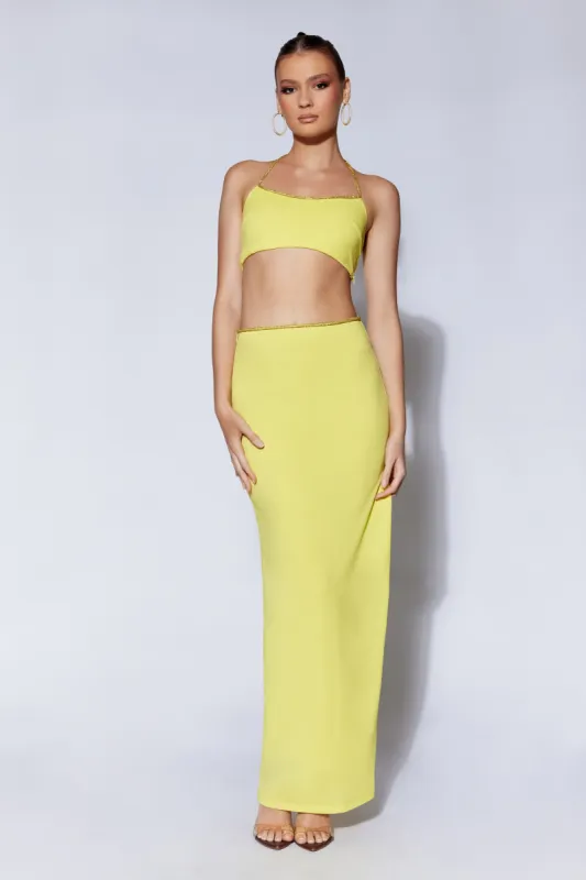 Sweeney Diamante Maxi Skirt With Split - Chartreuse sold by Meshki
