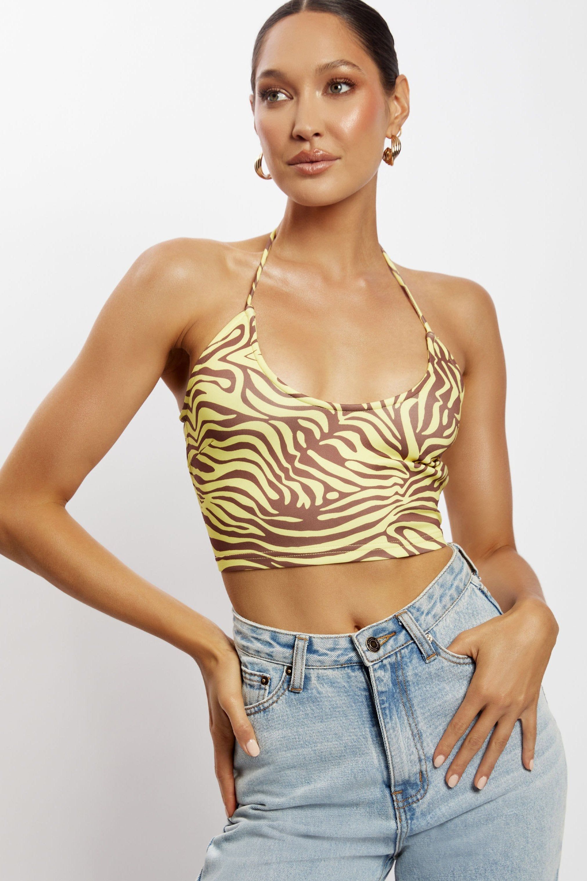 Joelle Halter Crop Top - Zebra Print sold by Meshki