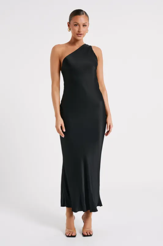 Alejandra One Shoulder Satin Maxi Dress - Black sold by Meshki