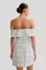 Helena Tweed Off Shoulder Mini Dress - White Check sold by Meshki