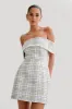 Helena Tweed Off Shoulder Mini Dress - White Check sold by Meshki
