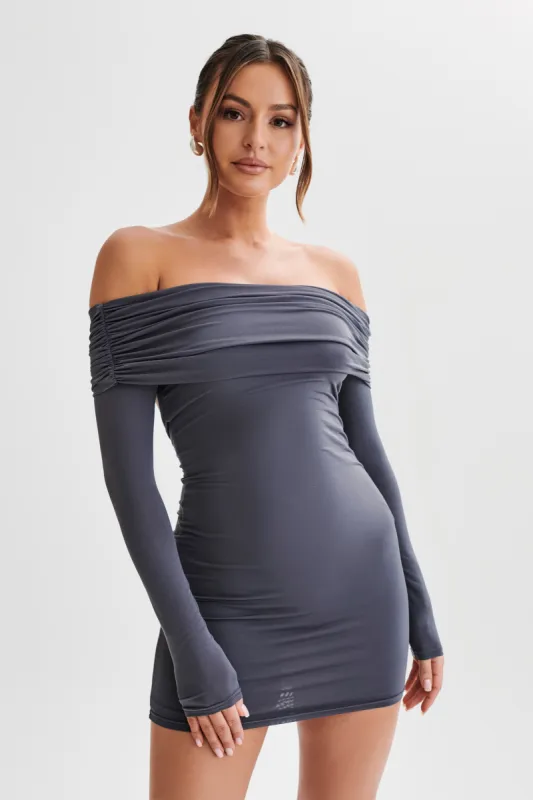 Nicky Off Shoulder Slinky Mini Dress - Charcoal sold by Meshki