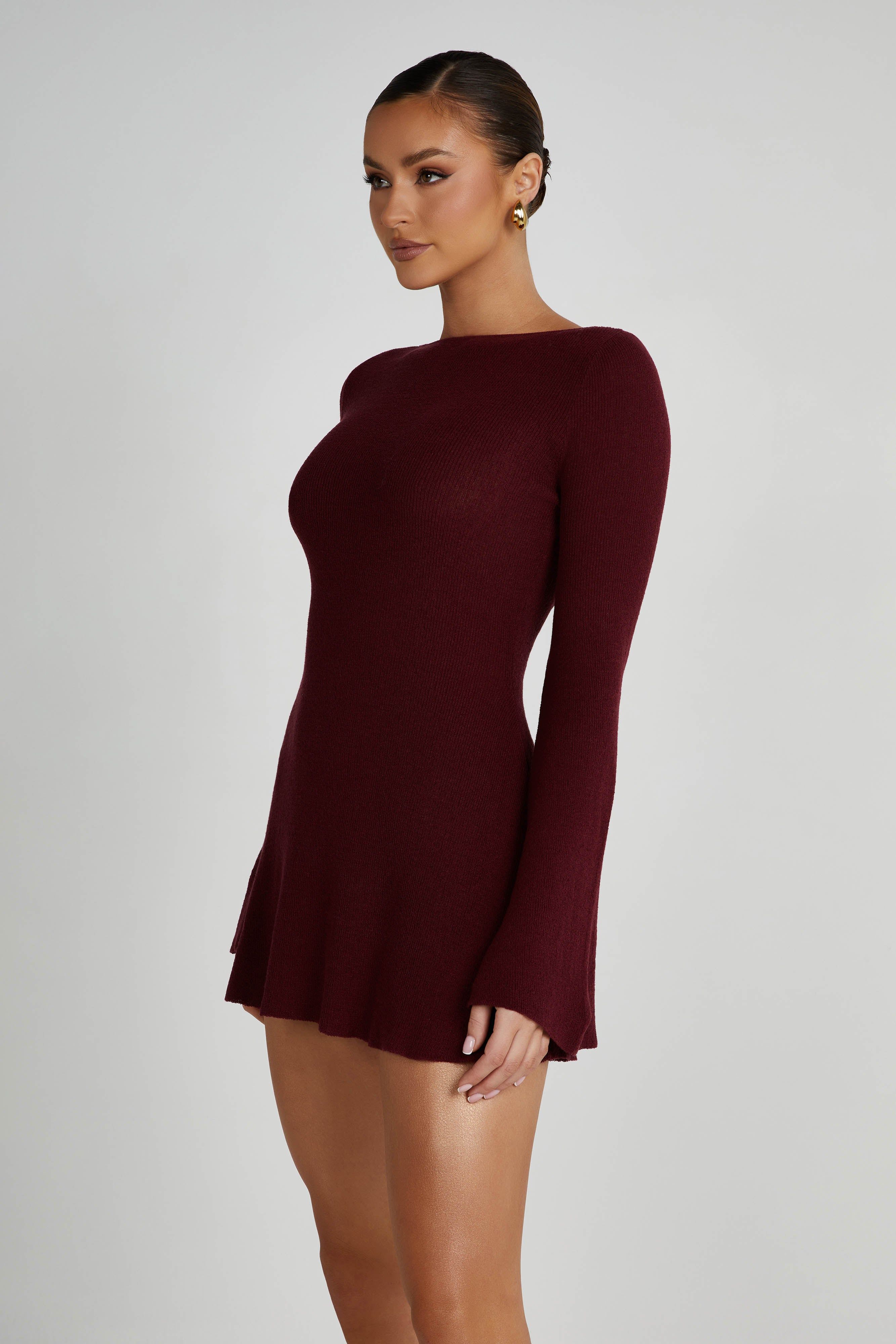 Zahra Long Sleeve Open Back Mini Knit Dress - Berry sold by Meshki product image thumbnail 5