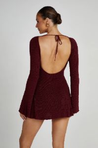 Zahra Long Sleeve Open Back Mini Knit Dress - Berry sold by Meshki