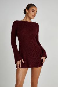 Zahra Long Sleeve Open Back Mini Knit Dress - Berry sold by Meshki