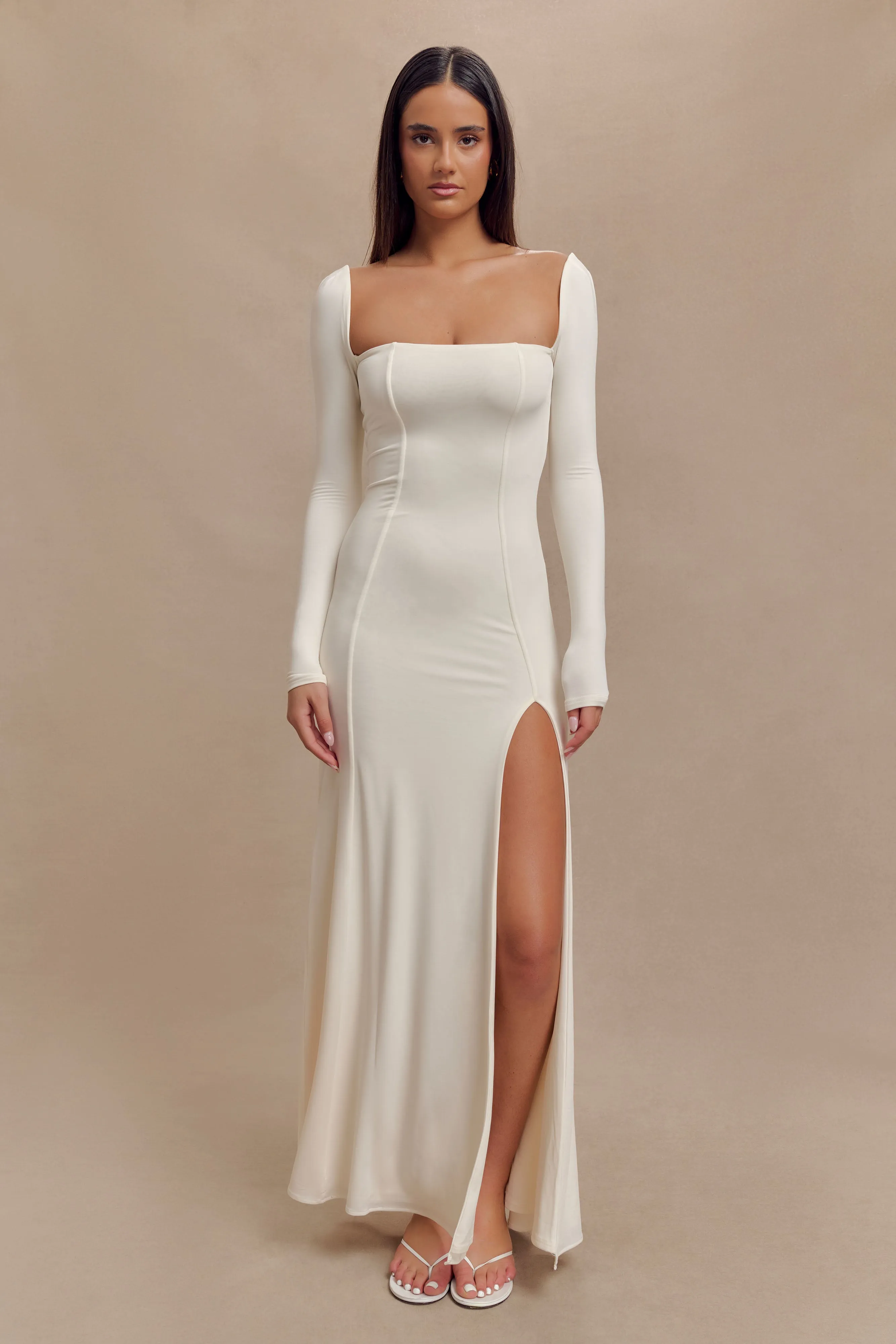 Desirie Slinky Long Sleeve Maxi Dress With Split - Ivory sold by Meshki product image thumbnail 4