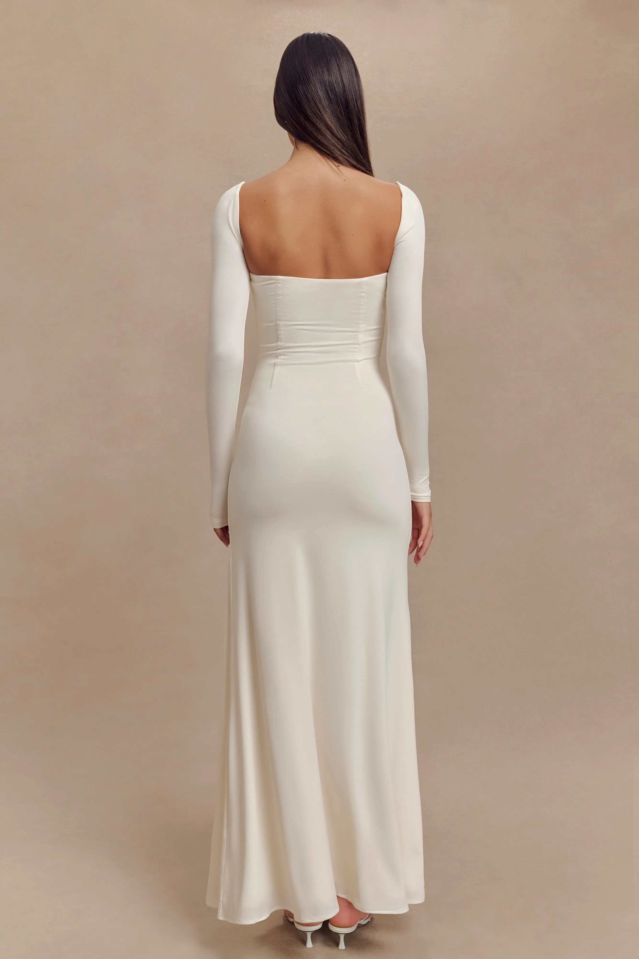 Desirie Slinky Long Sleeve Maxi Dress With Split - Ivory sold by Meshki product image thumbnail 2