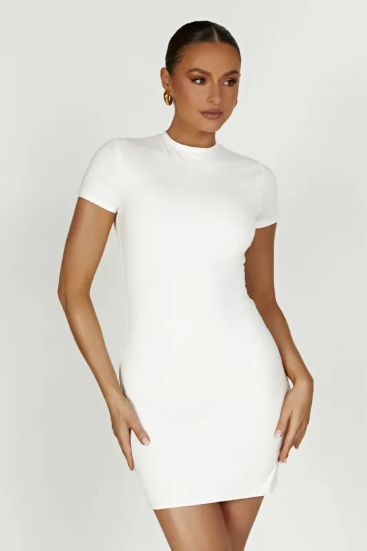 Halston Short Sleeve Mini Dress - White sold by Meshki
