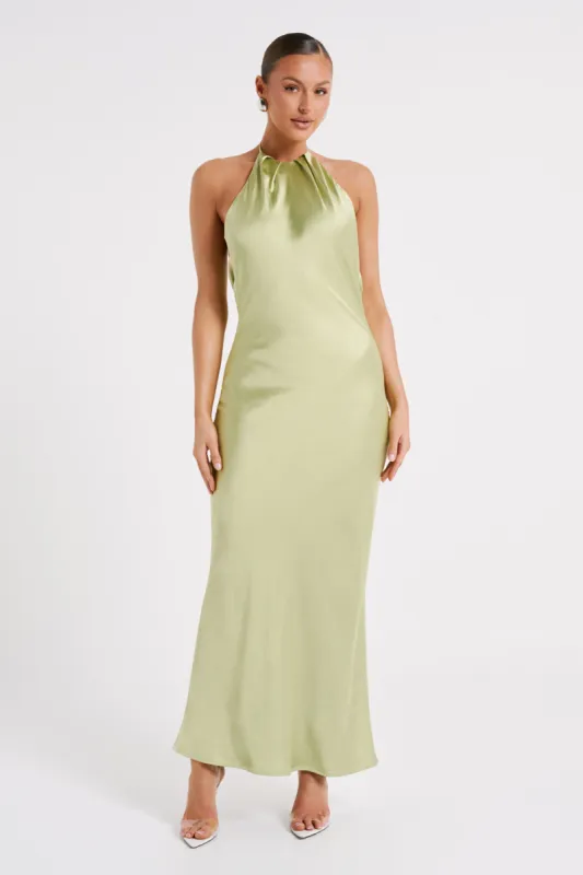 Sammy Satin Halter Maxi Dress - Pistachio sold by Meshki