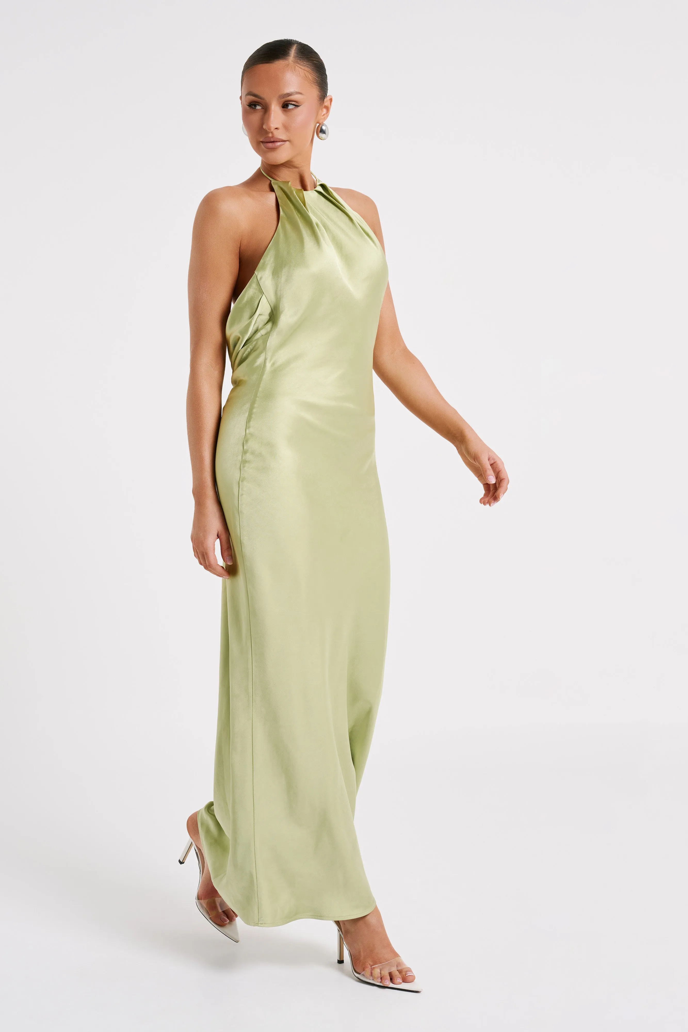 Sammy Satin Halter Maxi Dress - Pistachio sold by Meshki product image thumbnail 5