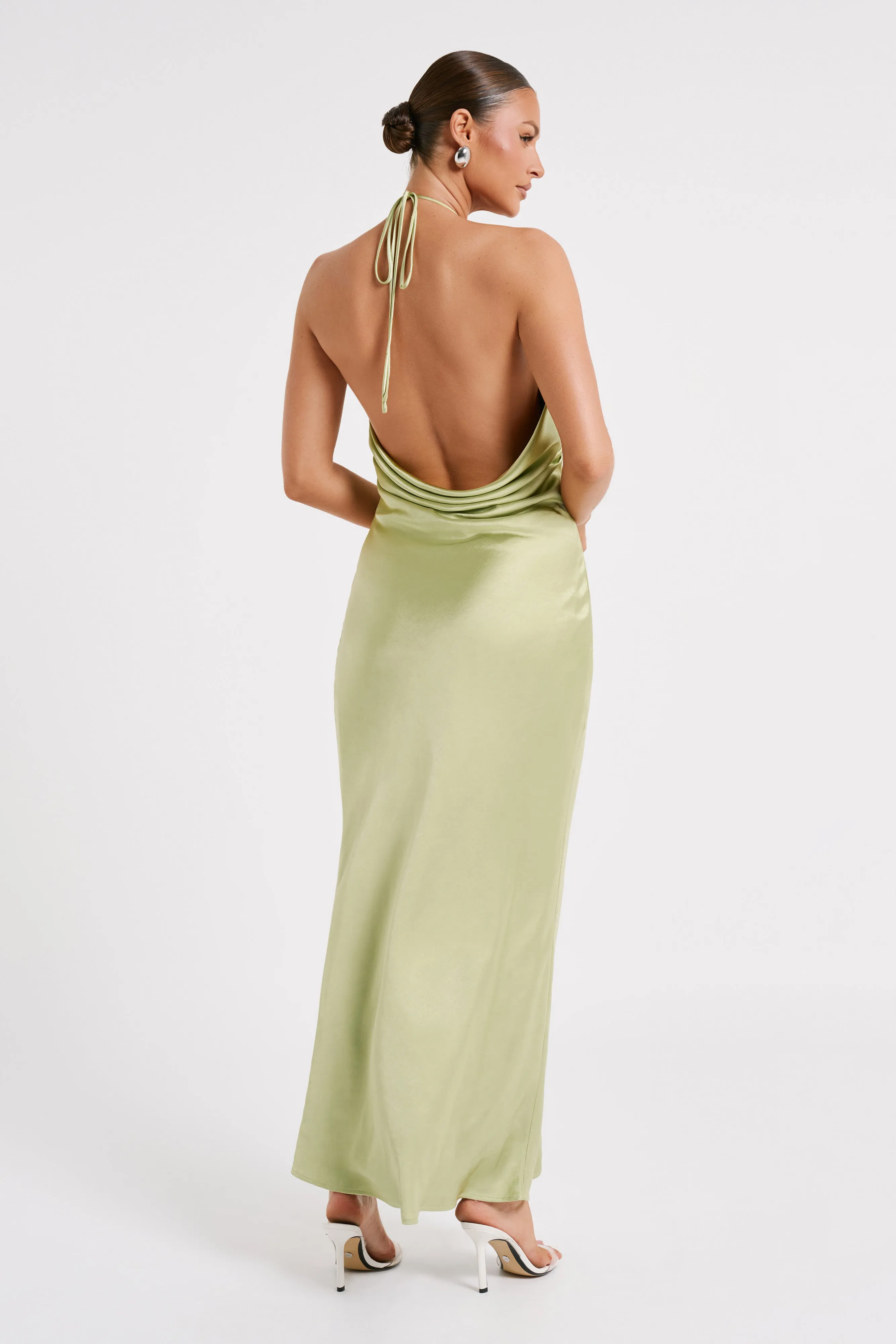 Sammy Satin Halter Maxi Dress - Pistachio sold by Meshki product image thumbnail 2