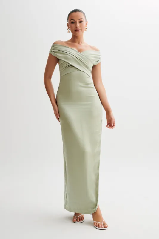 Harley Off Shoulder Satin Maxi Dress - Sage sold by Meshki