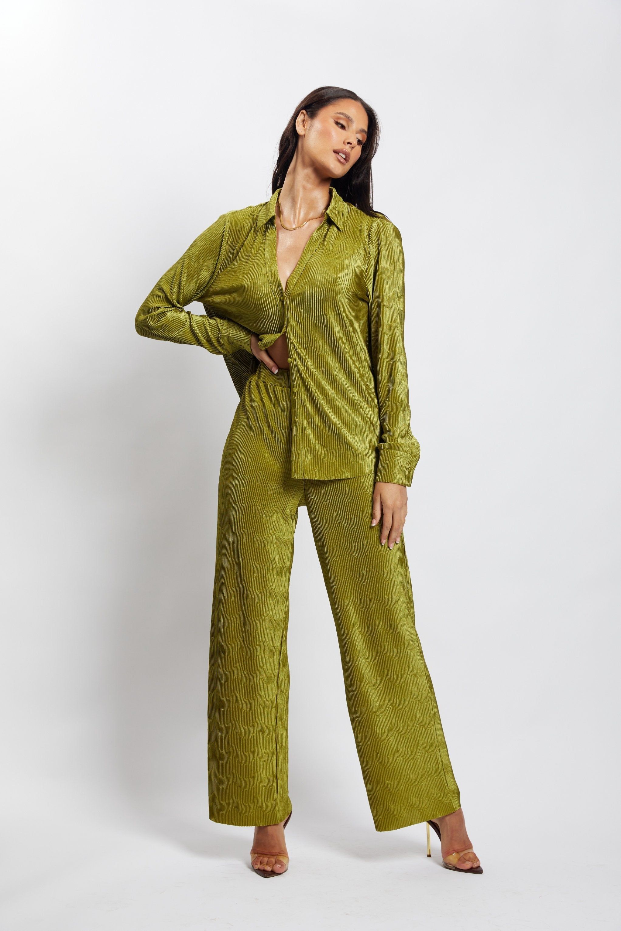 Aytan Pleated Wide Leg Trouser - Olive sold by Meshki product image thumbnail 4