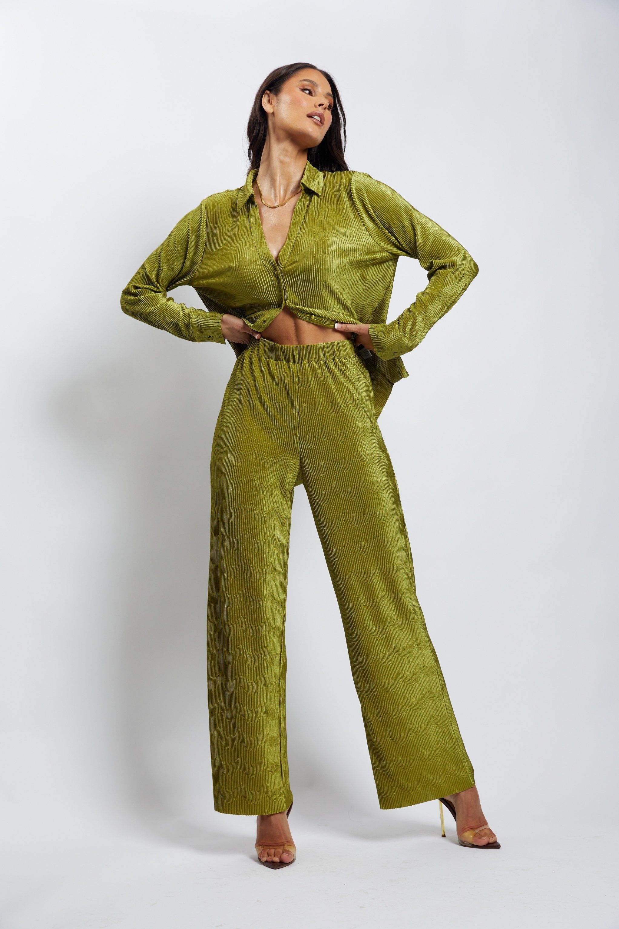 Aytan Pleated Wide Leg Trouser - Olive sold by Meshki