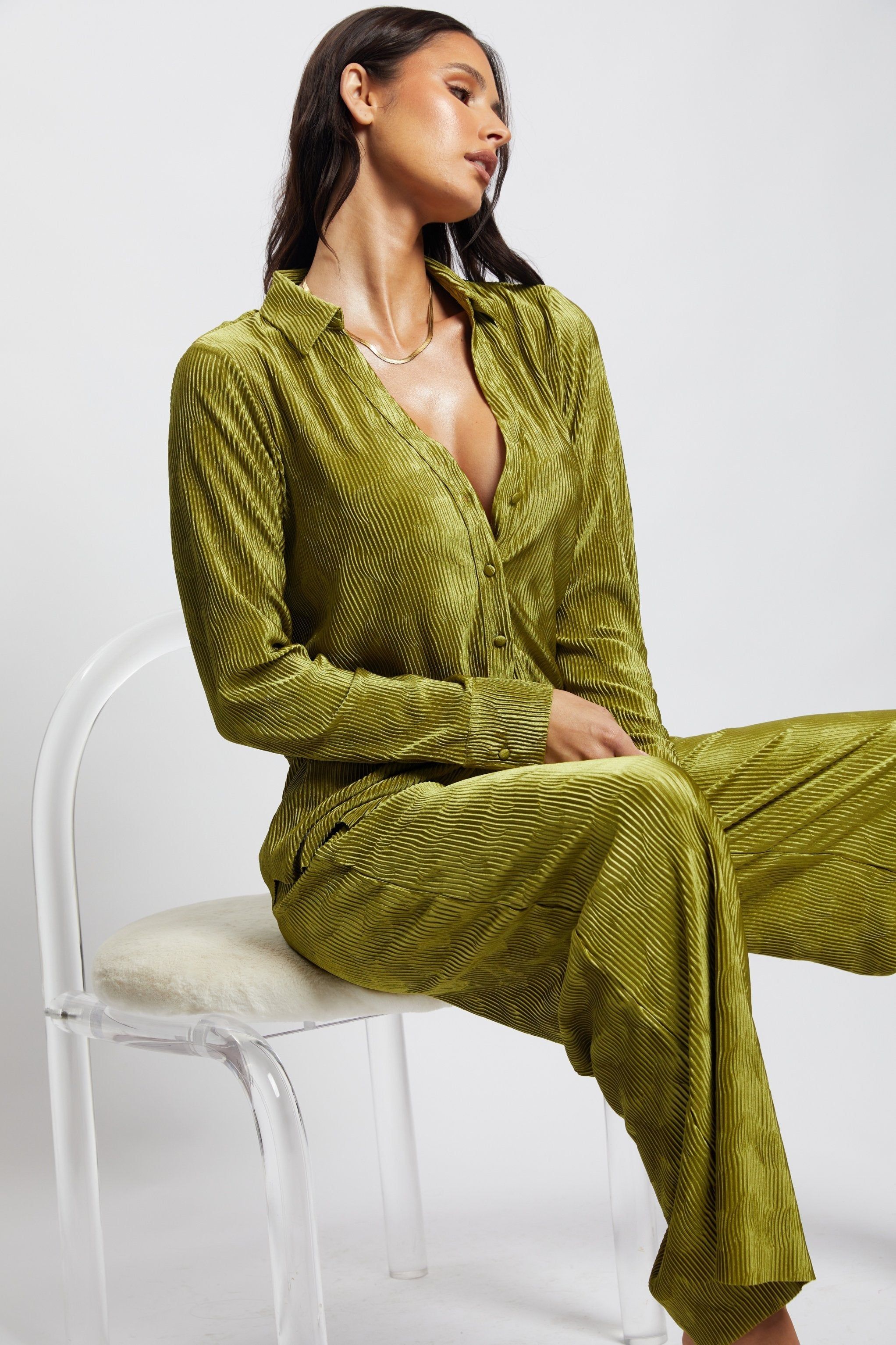 Aytan Pleated Wide Leg Trouser - Olive sold by Meshki product image thumbnail 5