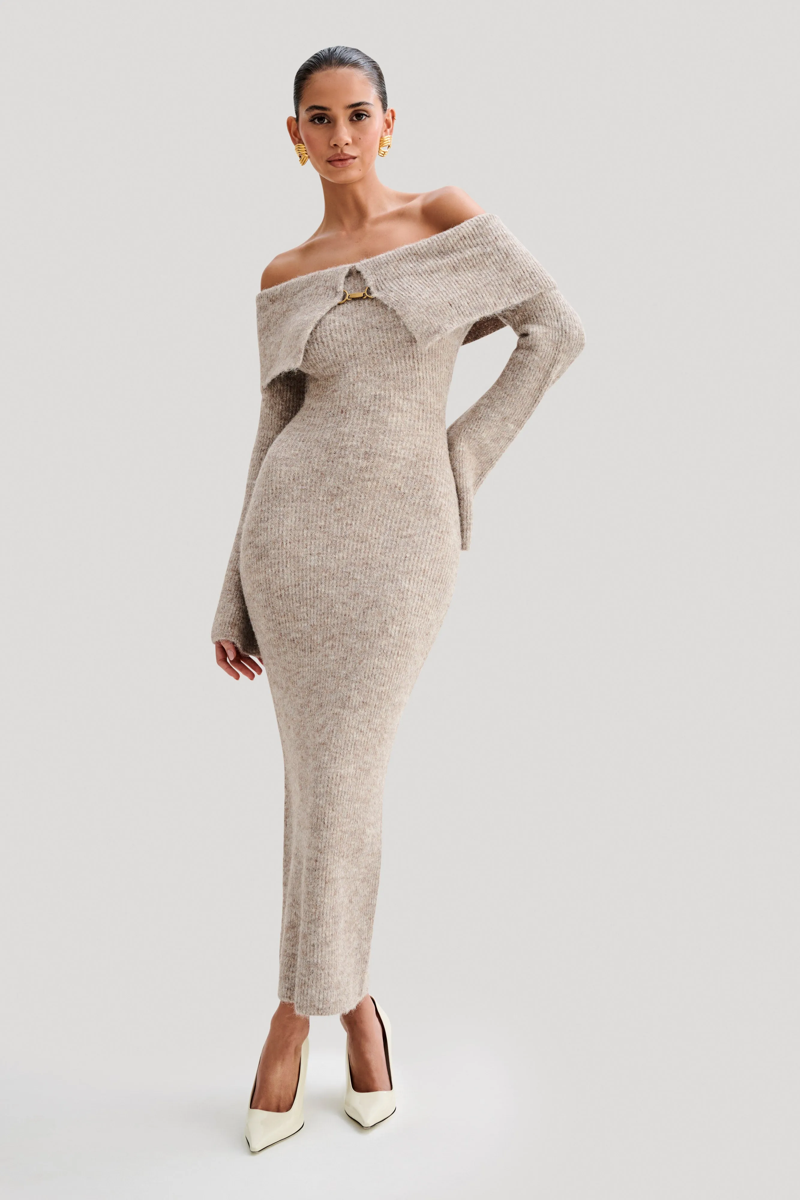 off shoulder knit midi dress with faux fur - ivory Ivory Knit Off Shoulder Boucle Maxi Dress