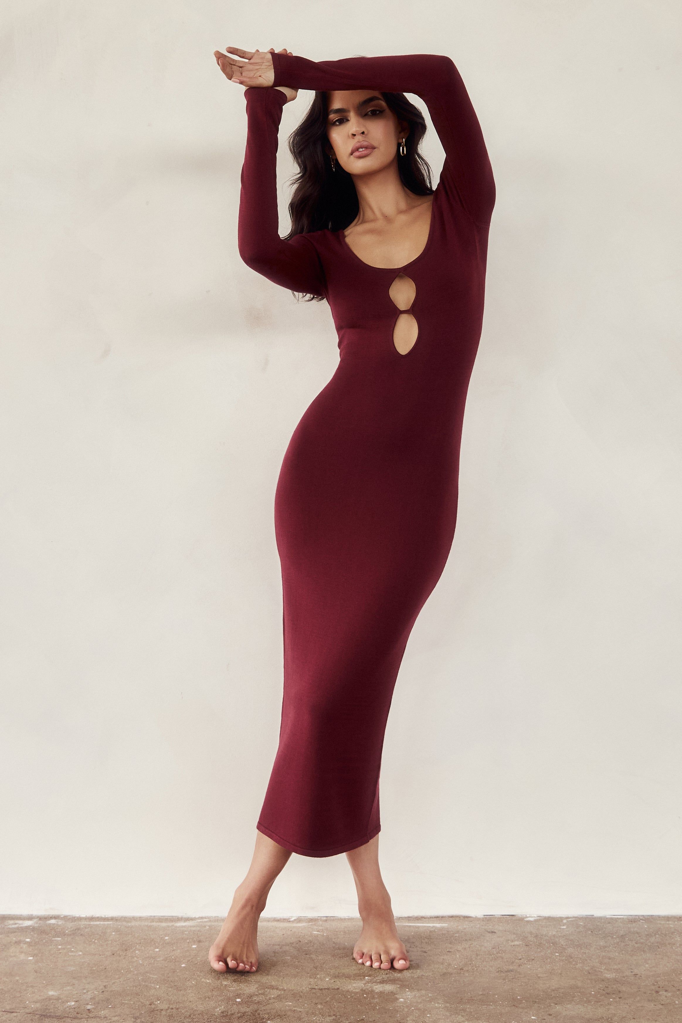 Alma Long Sleeve Knit Midi Dress - Cherry Chocolate sold by Meshki