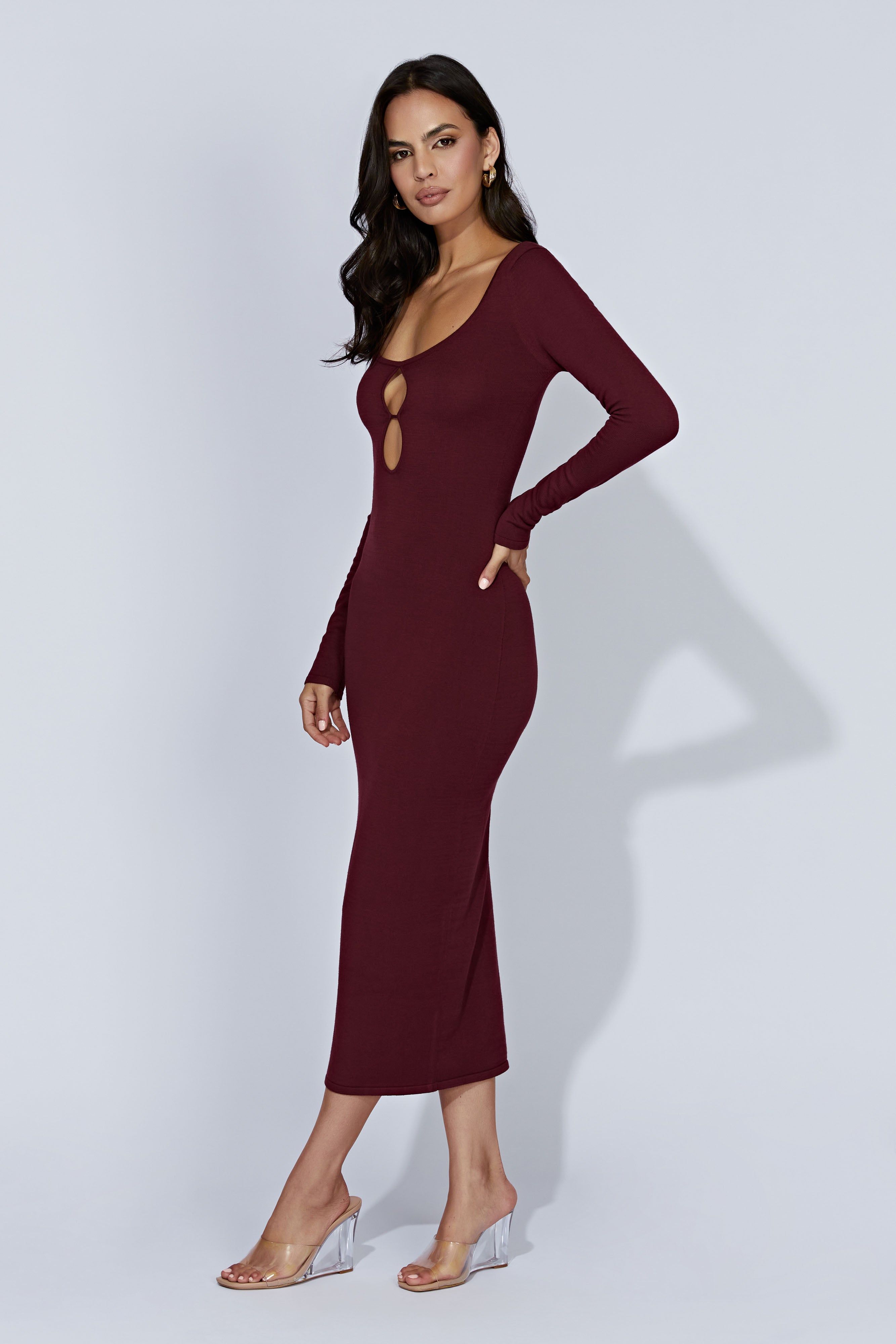 Alma Long Sleeve Knit Midi Dress - Cherry Chocolate sold by Meshki product image thumbnail 6
