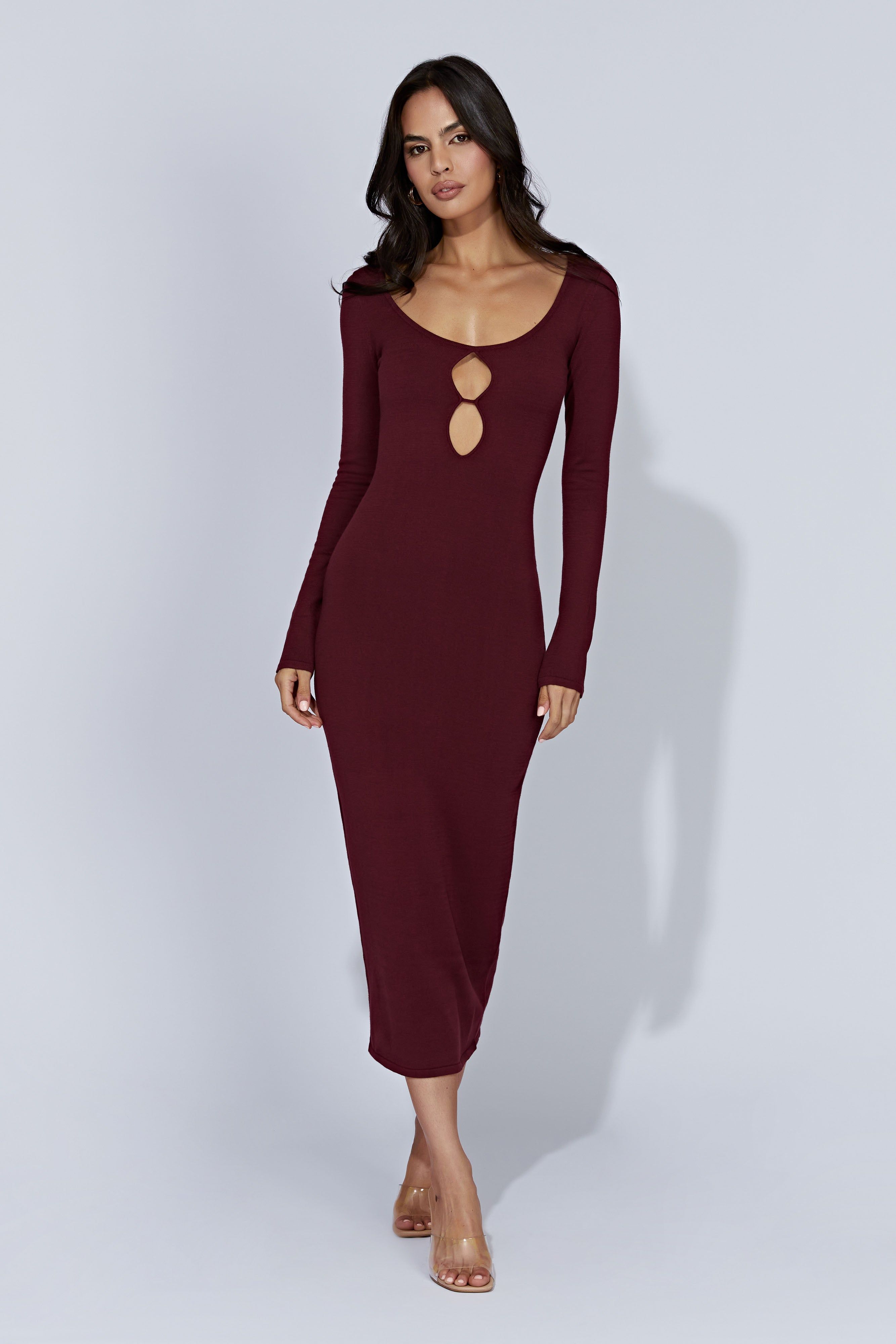 Alma Long Sleeve Knit Midi Dress - Cherry Chocolate sold by Meshki product image thumbnail 3
