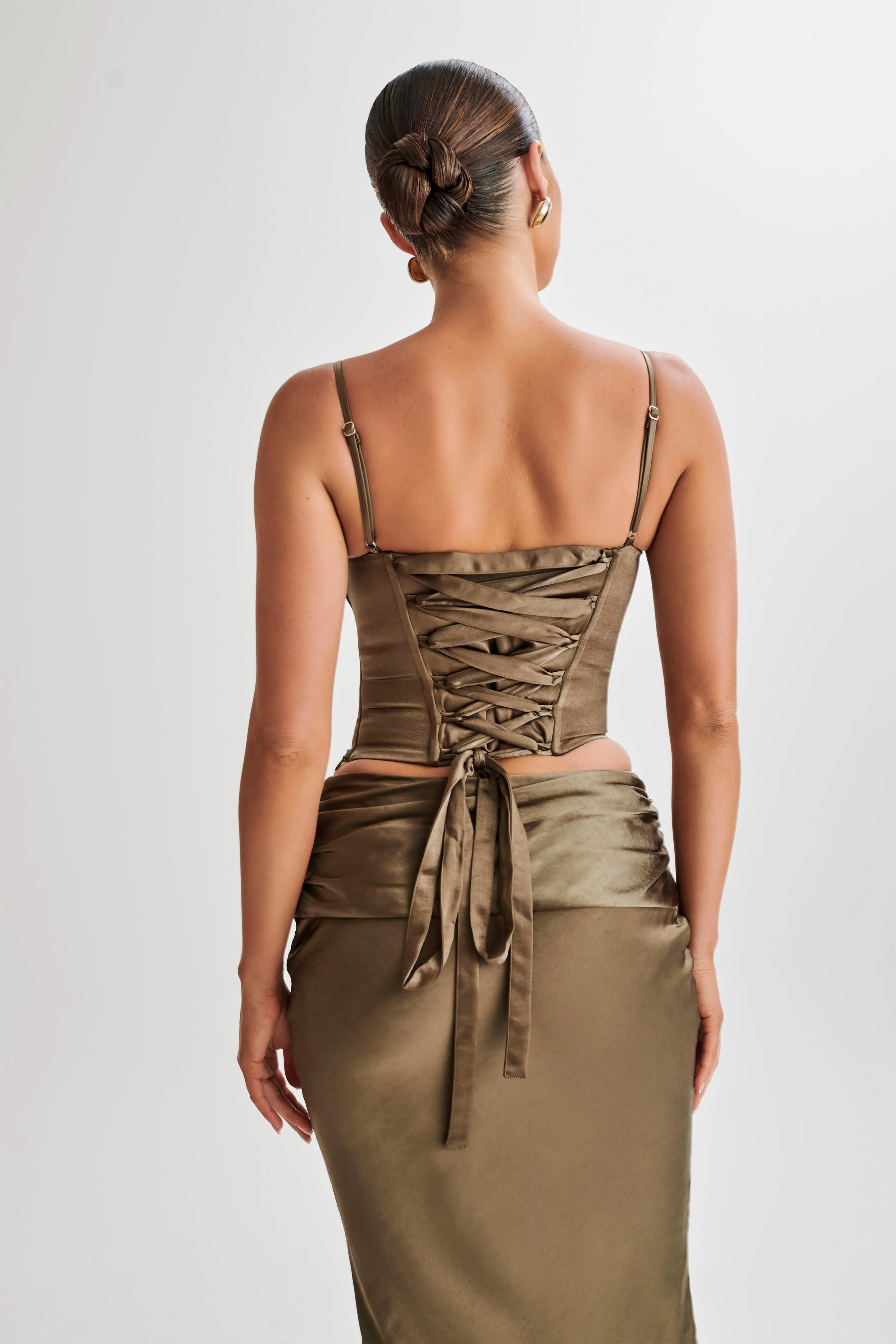 Harlee Satin Corset Top With Straps - Khaki sold by Meshki product image thumbnail 3