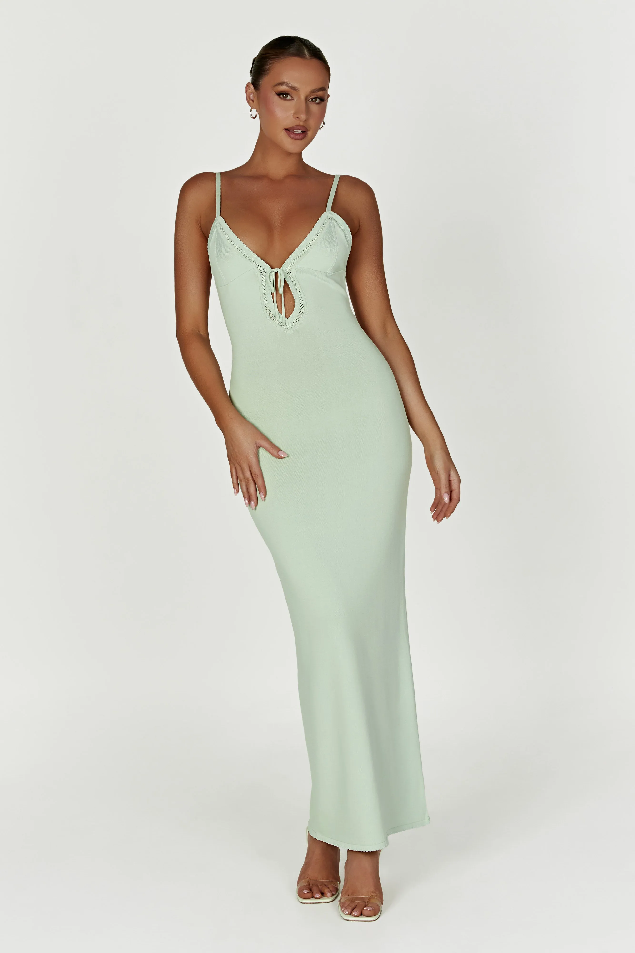 Maia Pointelle Knit Maxi Dress - Pistachio Green sold by Meshki