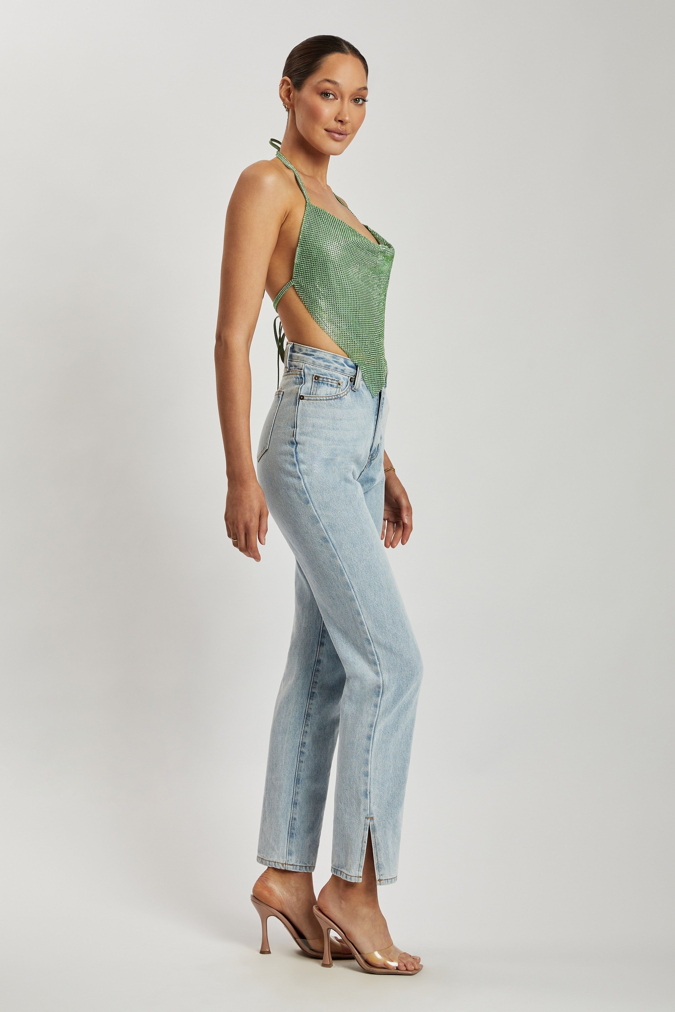 Daphne Diamante Cowl Neck Halter Top - Green sold by Meshki product image thumbnail 8
