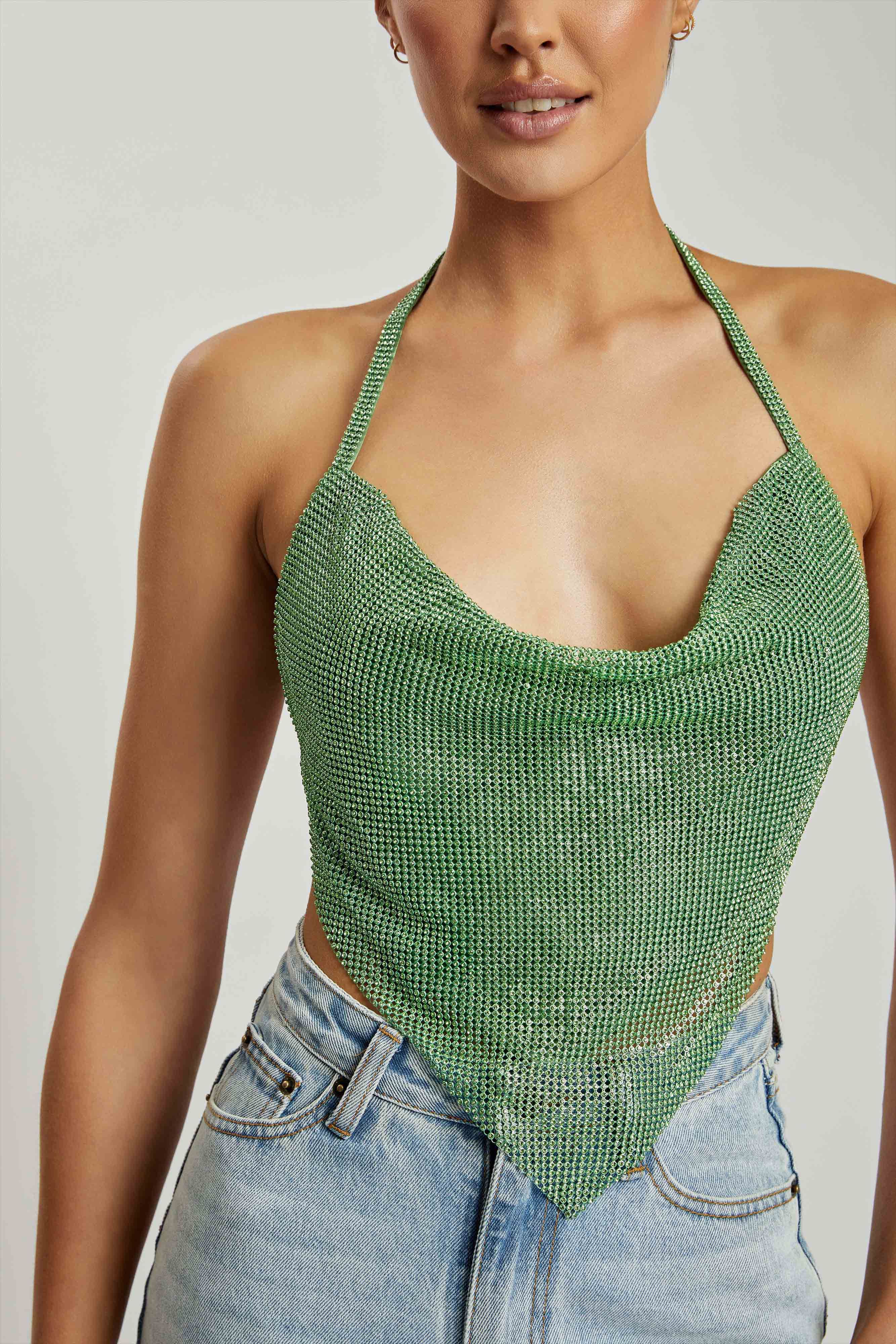 Daphne Diamante Cowl Neck Halter Top - Green sold by Meshki product image thumbnail 5