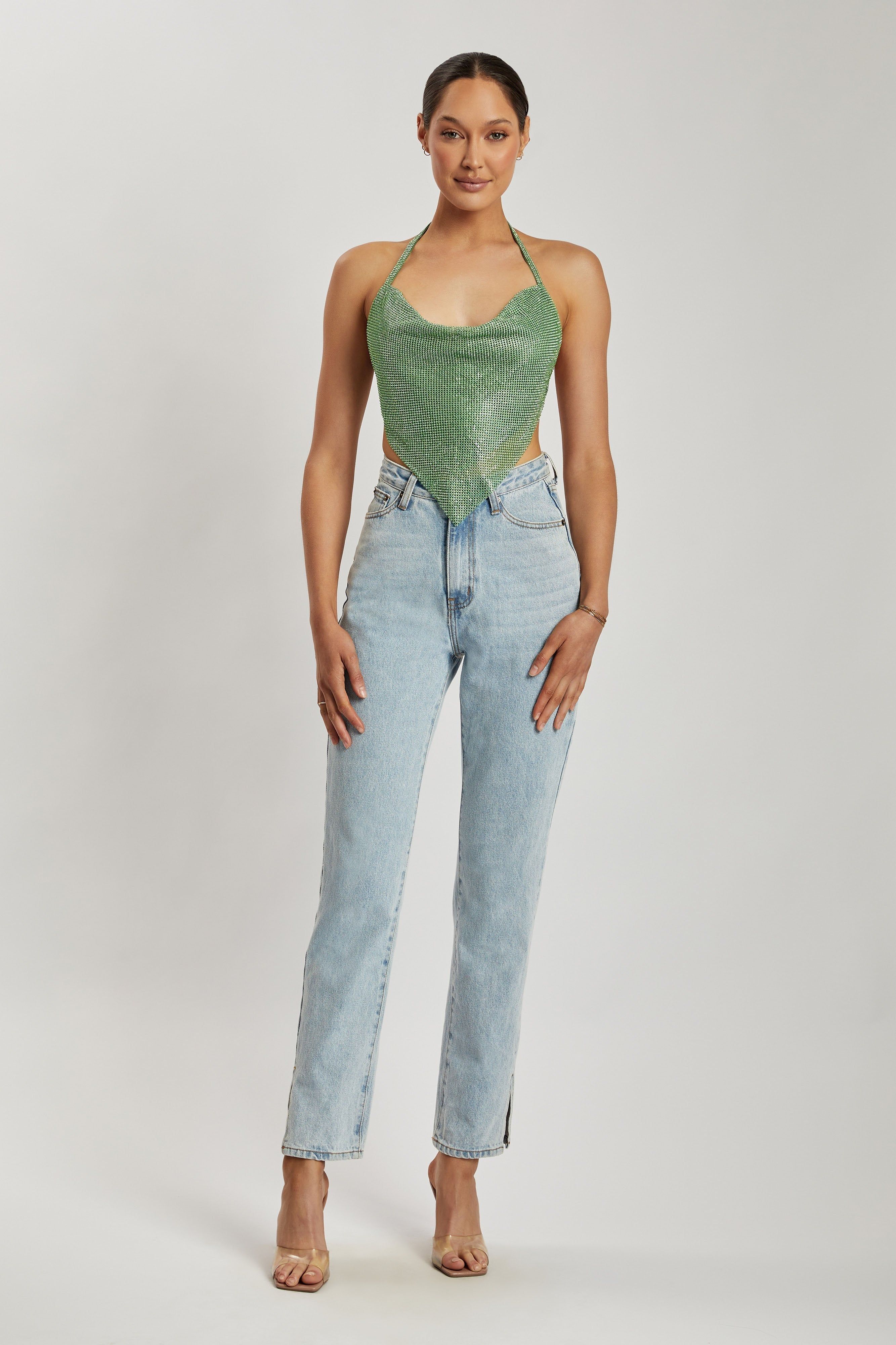 Daphne Diamante Cowl Neck Halter Top - Green sold by Meshki product image thumbnail 10