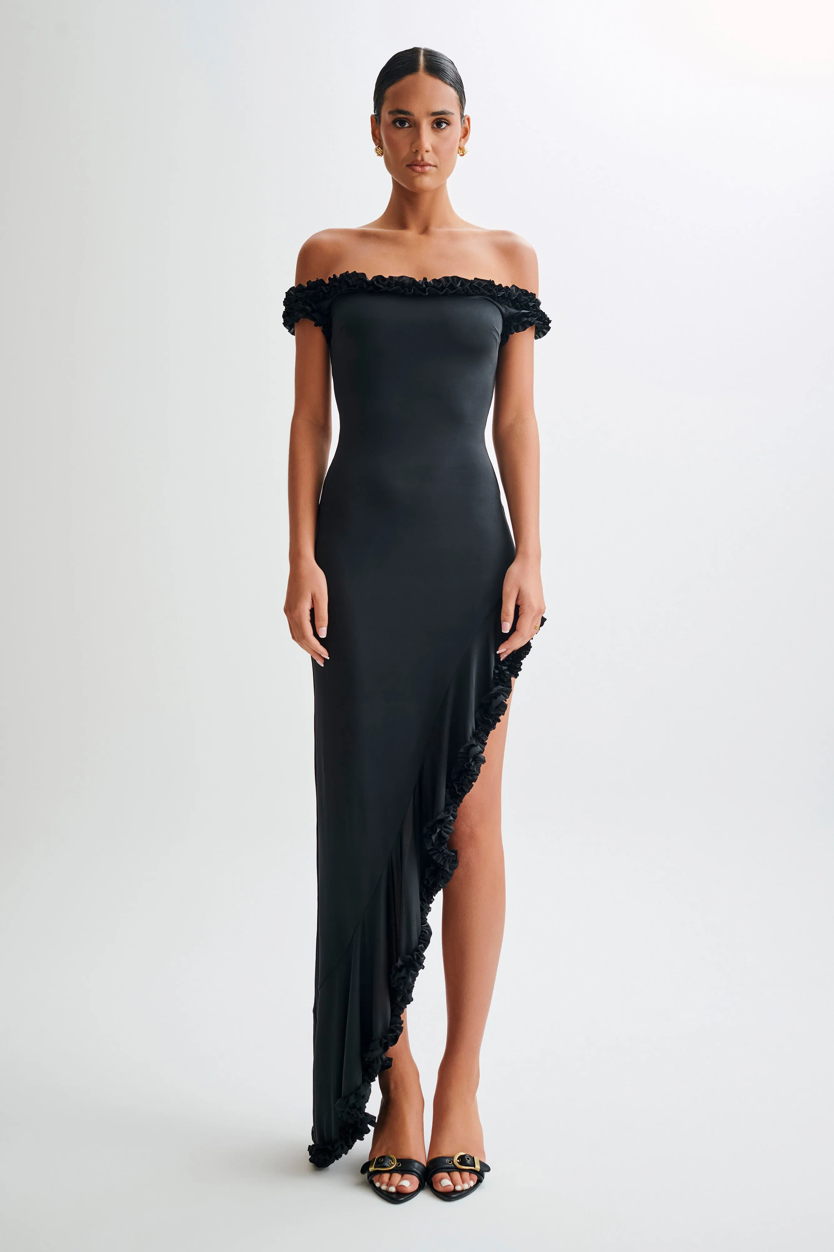Arielle Off Shoulder Ruffle Midi Dress - Black sold by Meshki