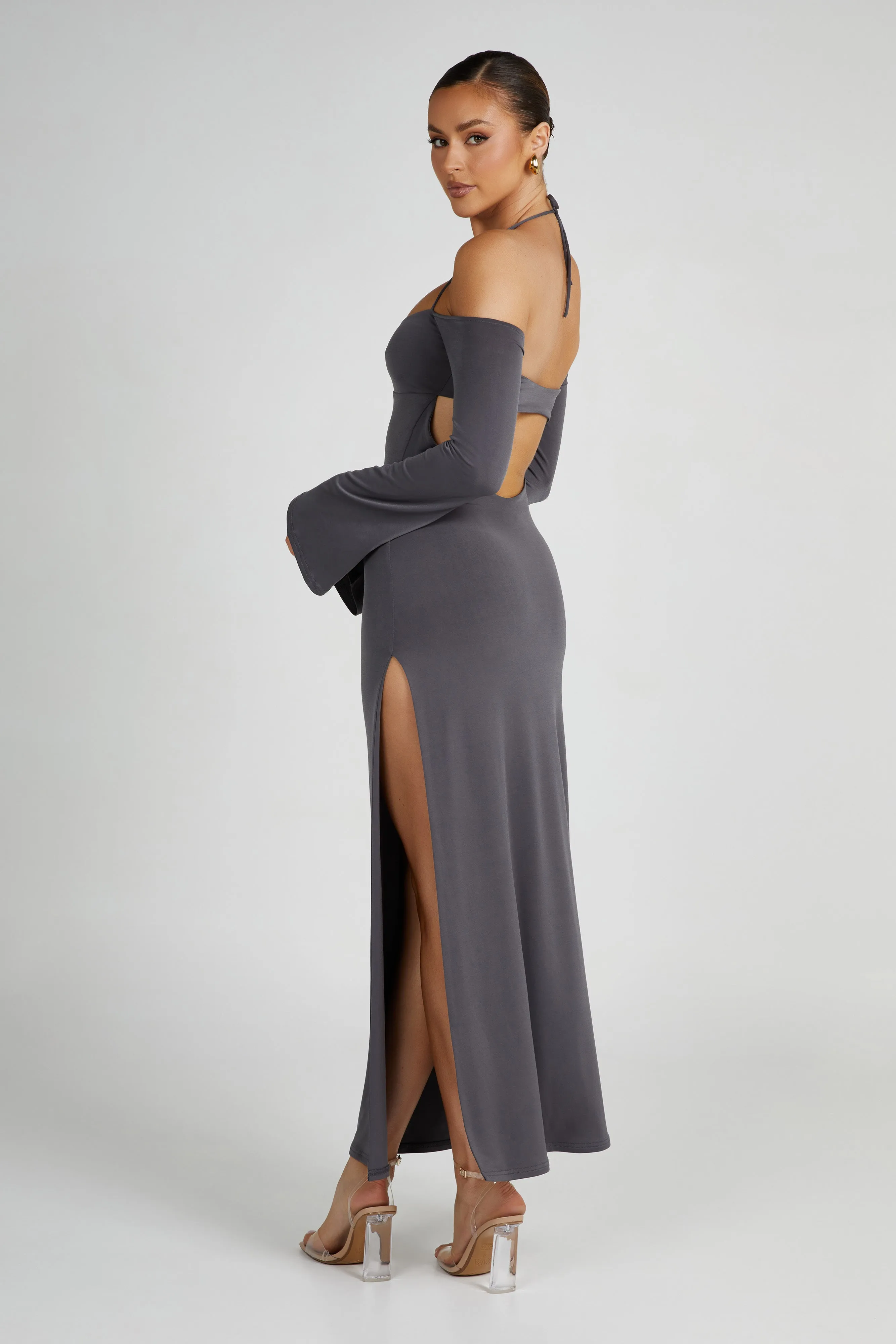 Tia Slinky Off Shoulder Maxi Dress - Charcoal sold by Meshki product image thumbnail 3