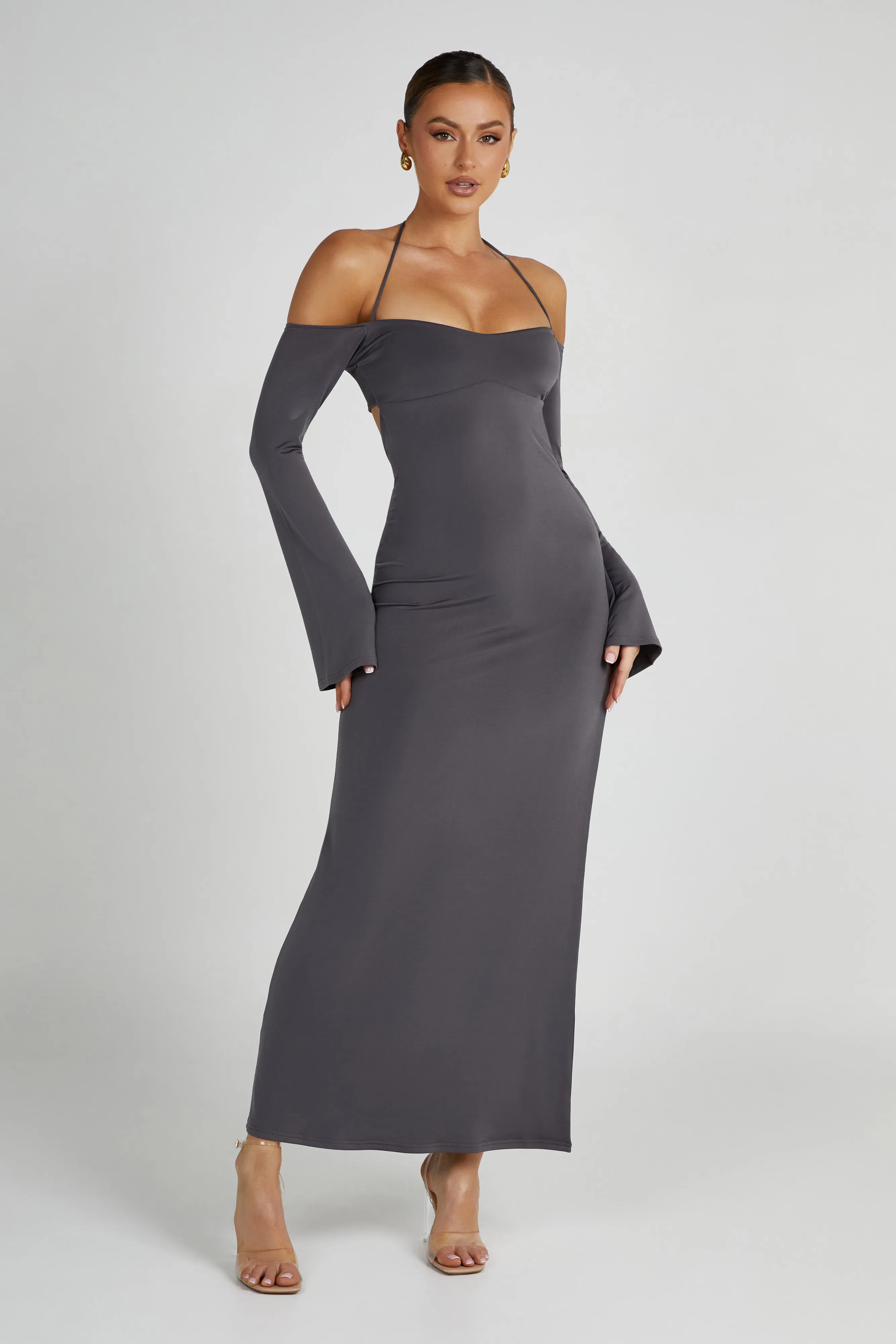 Tia Slinky Off Shoulder Maxi Dress - Charcoal sold by Meshki