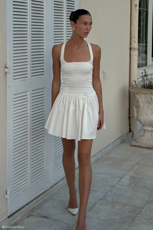 Shelley Cotton Shirred Halter Mini Dress - White sold by Meshki