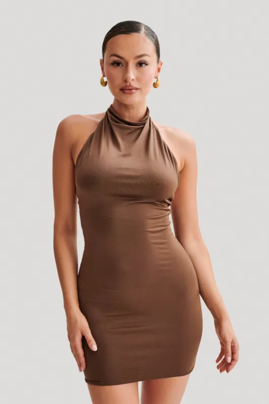 Zaida Slinky Halter Mini Dress - Mocha made by Meshki