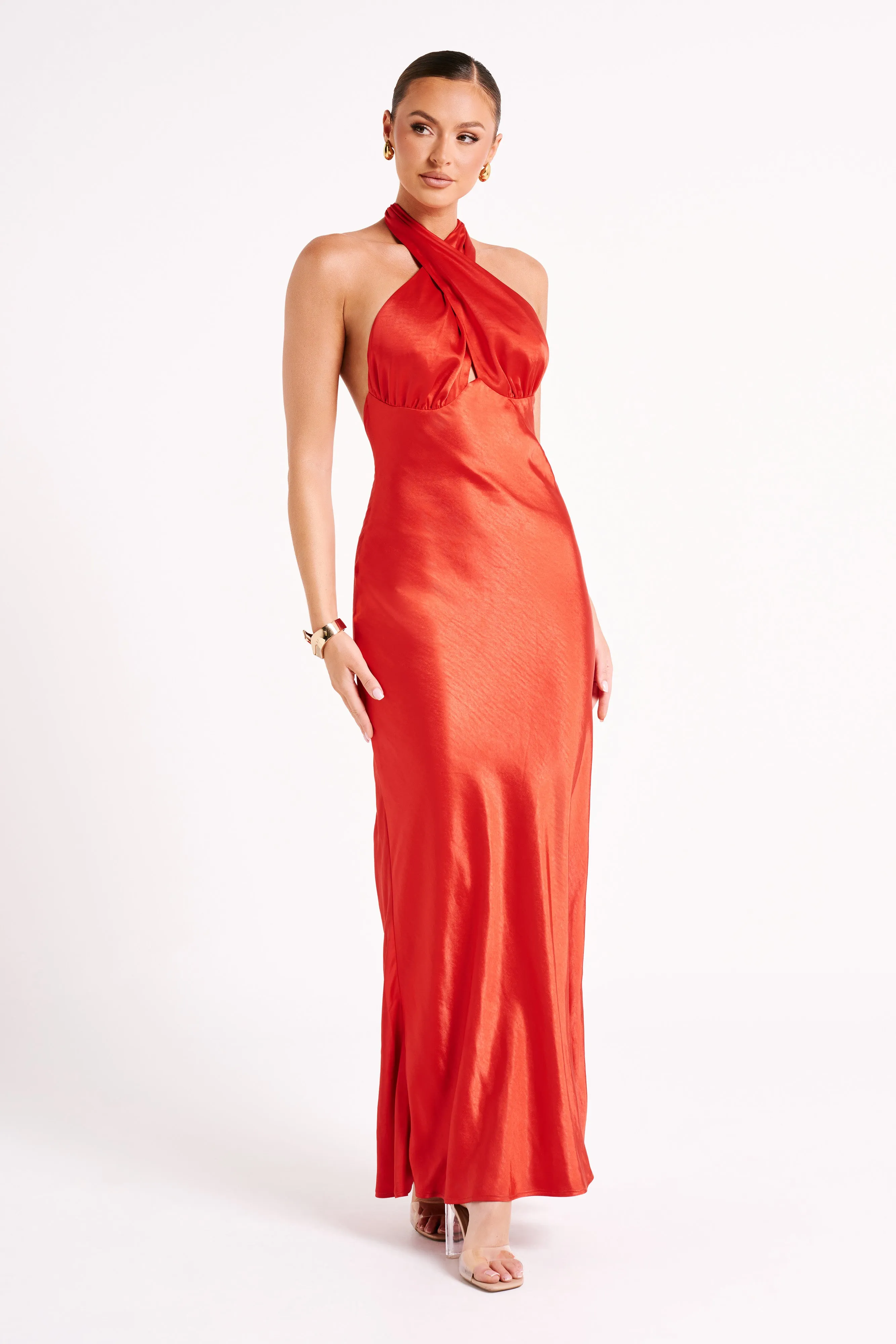 Marvelle Satin Halter Maxi Dress - Vermilion Red sold by Meshki product image thumbnail 4